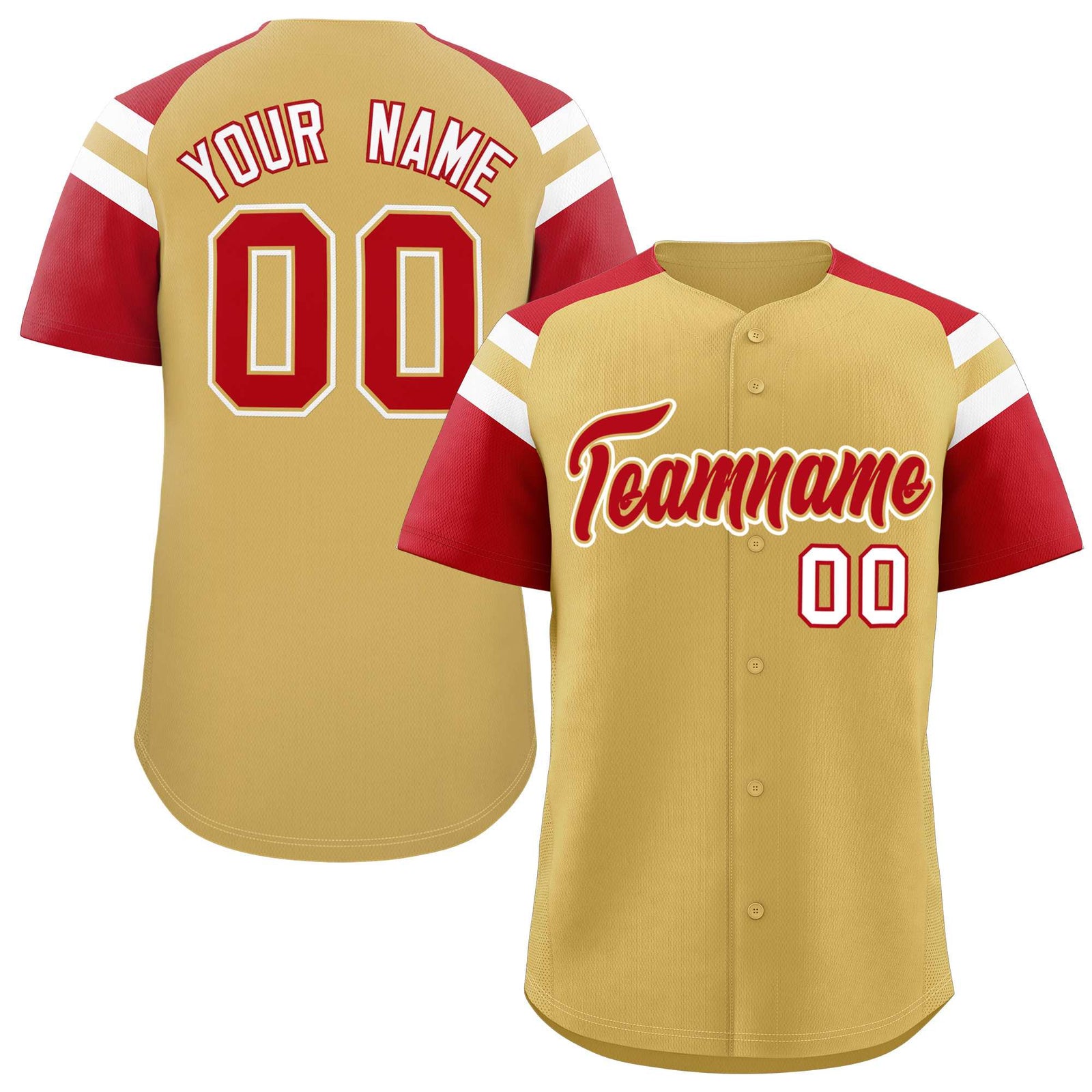 Custom Old Gold Red Contrast Raglan Sleeves Authentic Baseball Jersey