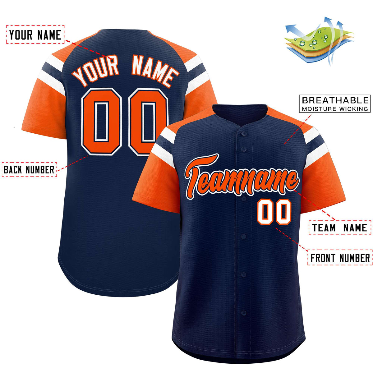 Custom Navy Orange Contrast Raglan Sleeves Authentic Baseball Jersey