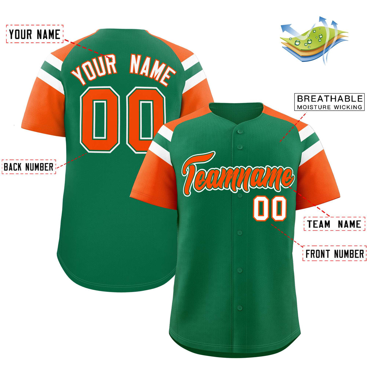 Custom Kelly Green Orange Contrast Raglan Sleeves Authentic Baseball Jersey