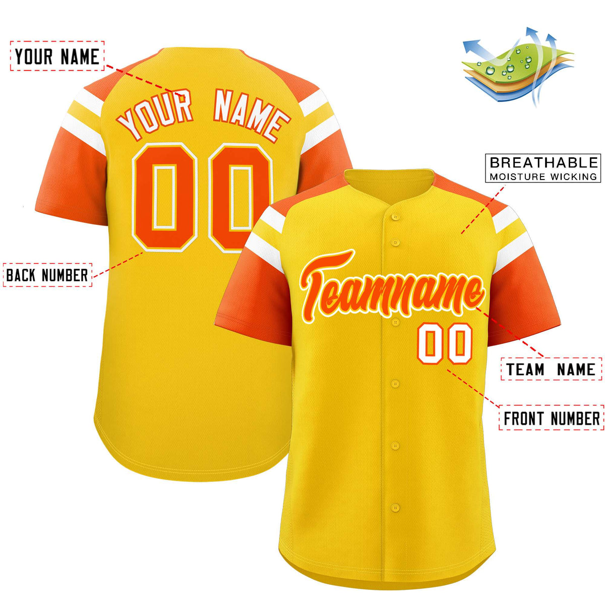 Custom Gold Orange Contrast Raglan Sleeves Authentic Baseball Jersey