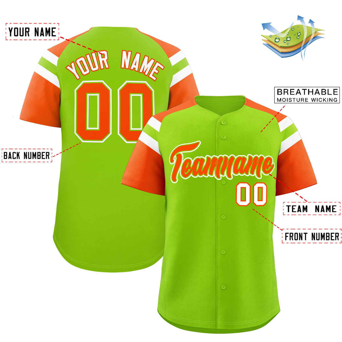 Custom Neon Green Orange Contrast Raglan Sleeves Authentic Baseball Jersey