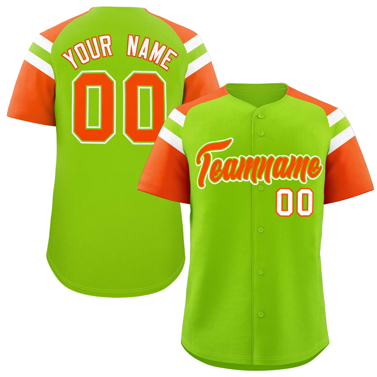Custom Neon Green Orange Contrast Raglan Sleeves Authentic Baseball Jersey