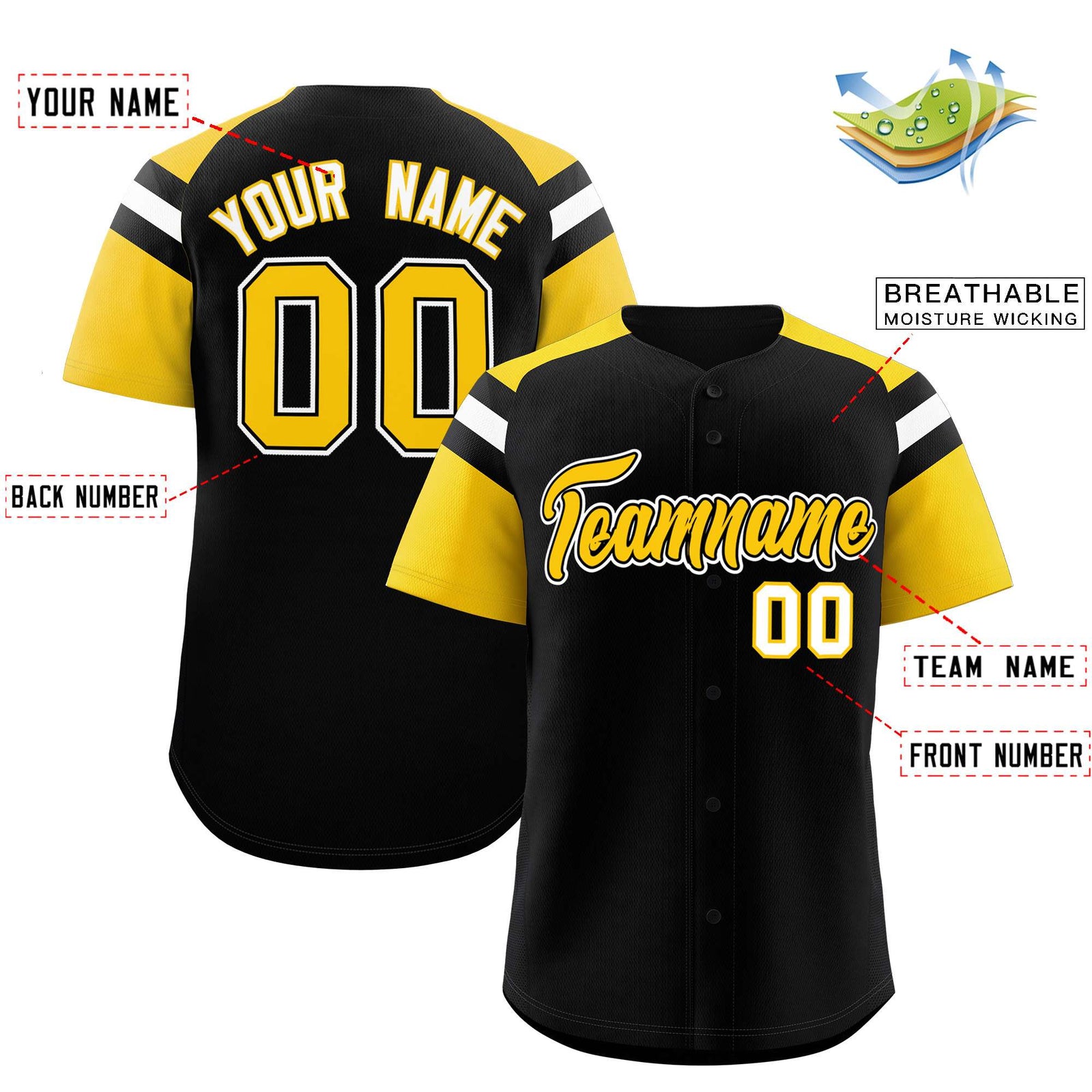 Custom Black Gold Contrast Raglan Sleeves Authentic Baseball Jersey