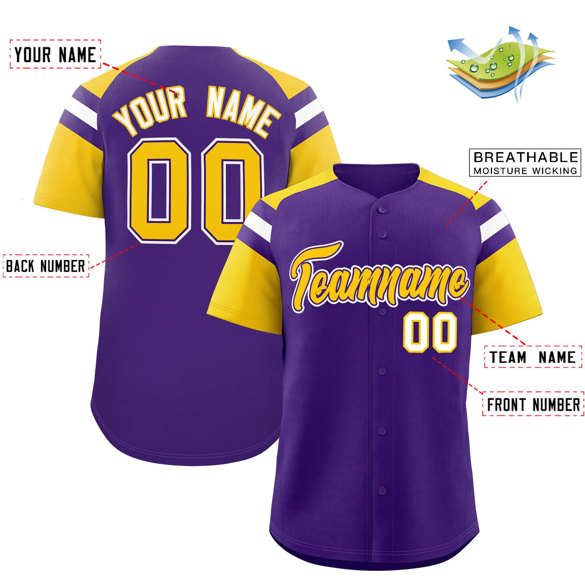 Custom Purple Gold Contrast Raglan Sleeves Authentic Baseball Jersey