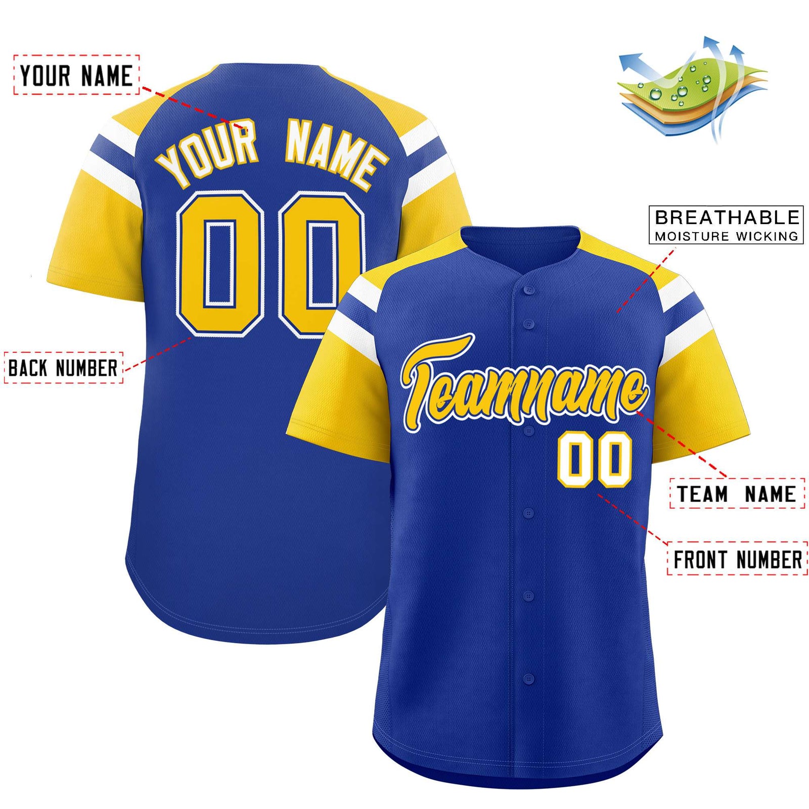 Custom Royal Gold Contrast Raglan Sleeves Authentic Baseball Jersey