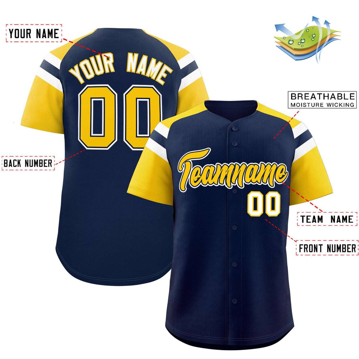 Custom Navy Gold Contrast Raglan Sleeves Authentic Baseball Jersey