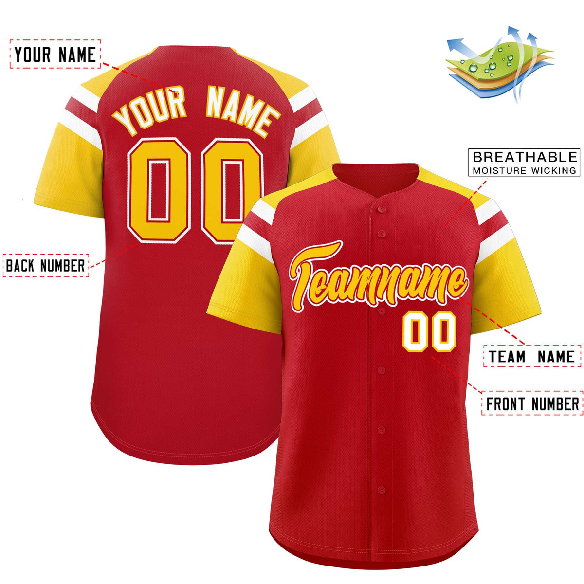 Custom Red Gold Contrast Raglan Sleeves Authentic Baseball Jersey
