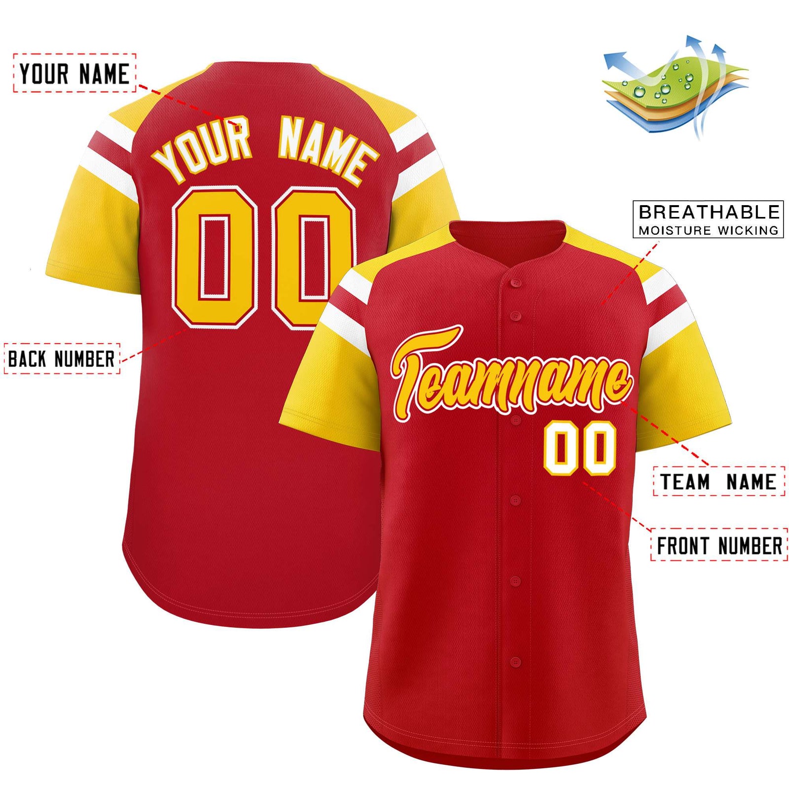 Custom Red Gold Contrast Raglan Sleeves Authentic Baseball Jersey