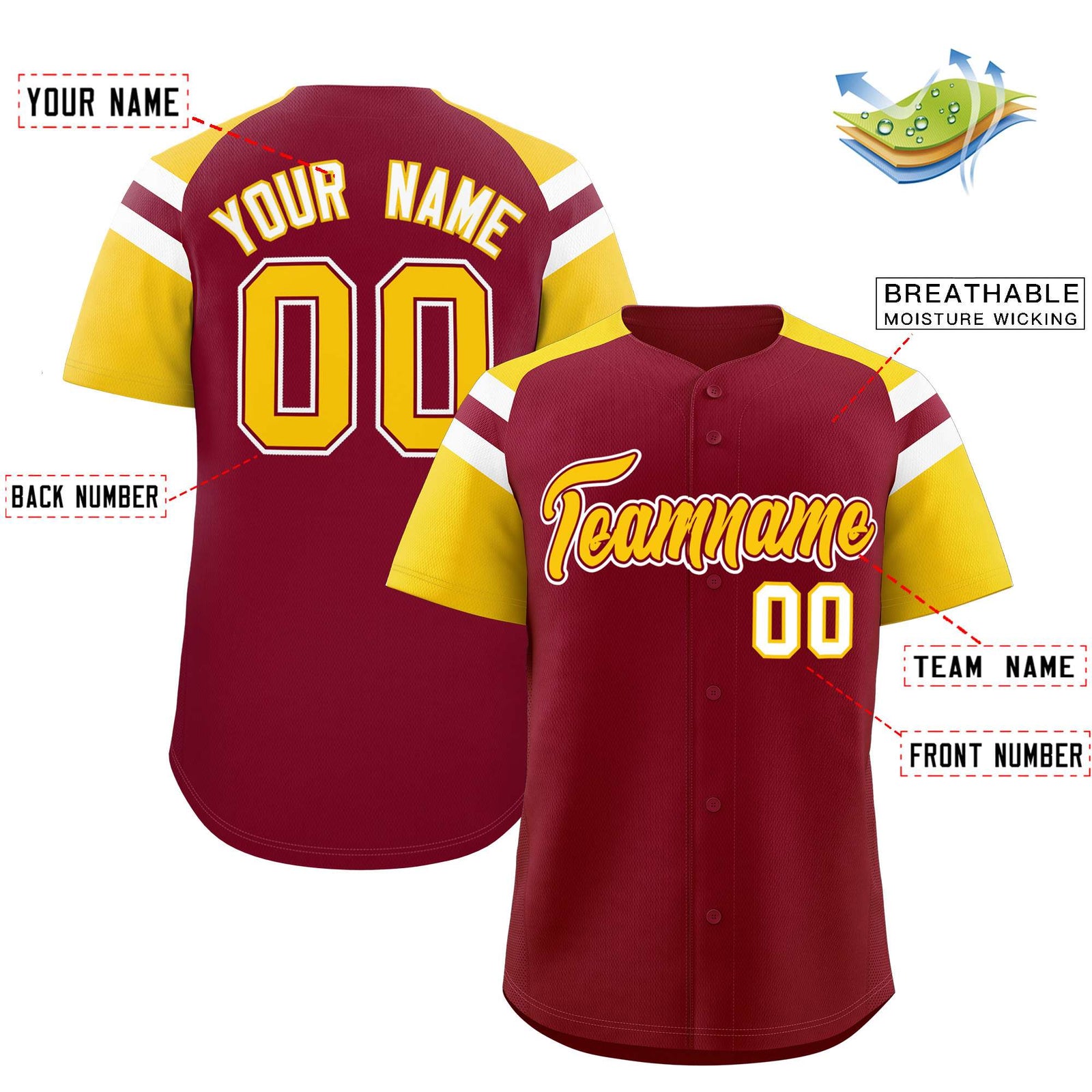 Custom Crimson Gold Contrast Raglan Sleeves Authentic Baseball Jersey