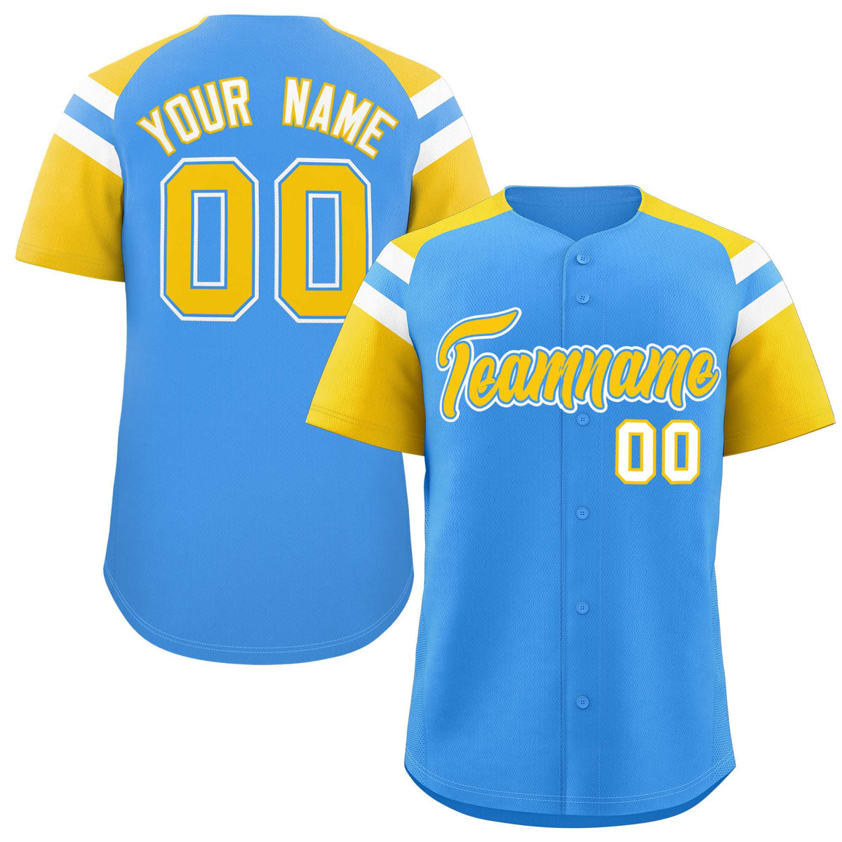 Custom Powder Blue Gold Contrast Raglan Sleeves Authentic Baseball Jersey