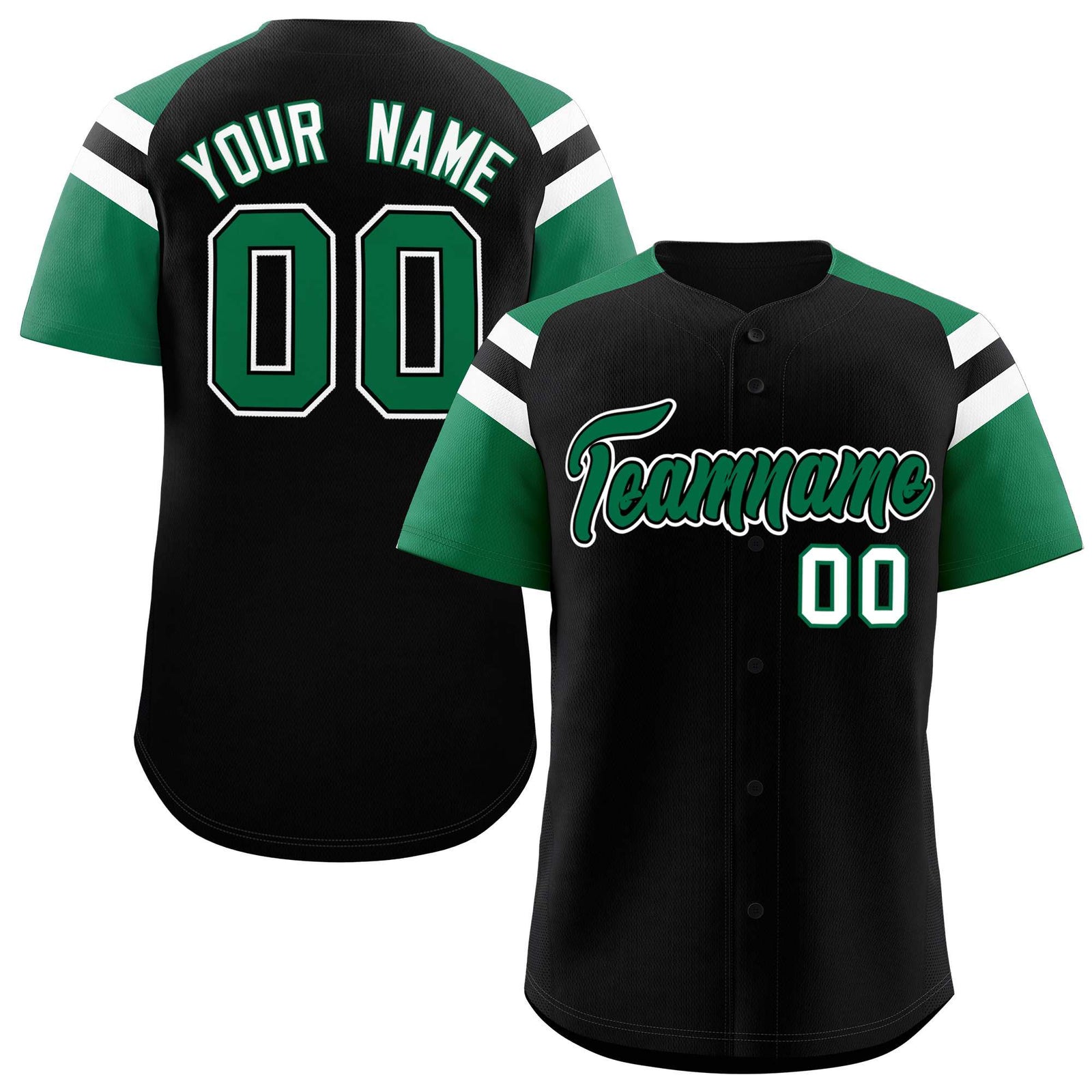 Custom Black Kelly Green Contrast Raglan Sleeves Authentic Baseball Jersey
