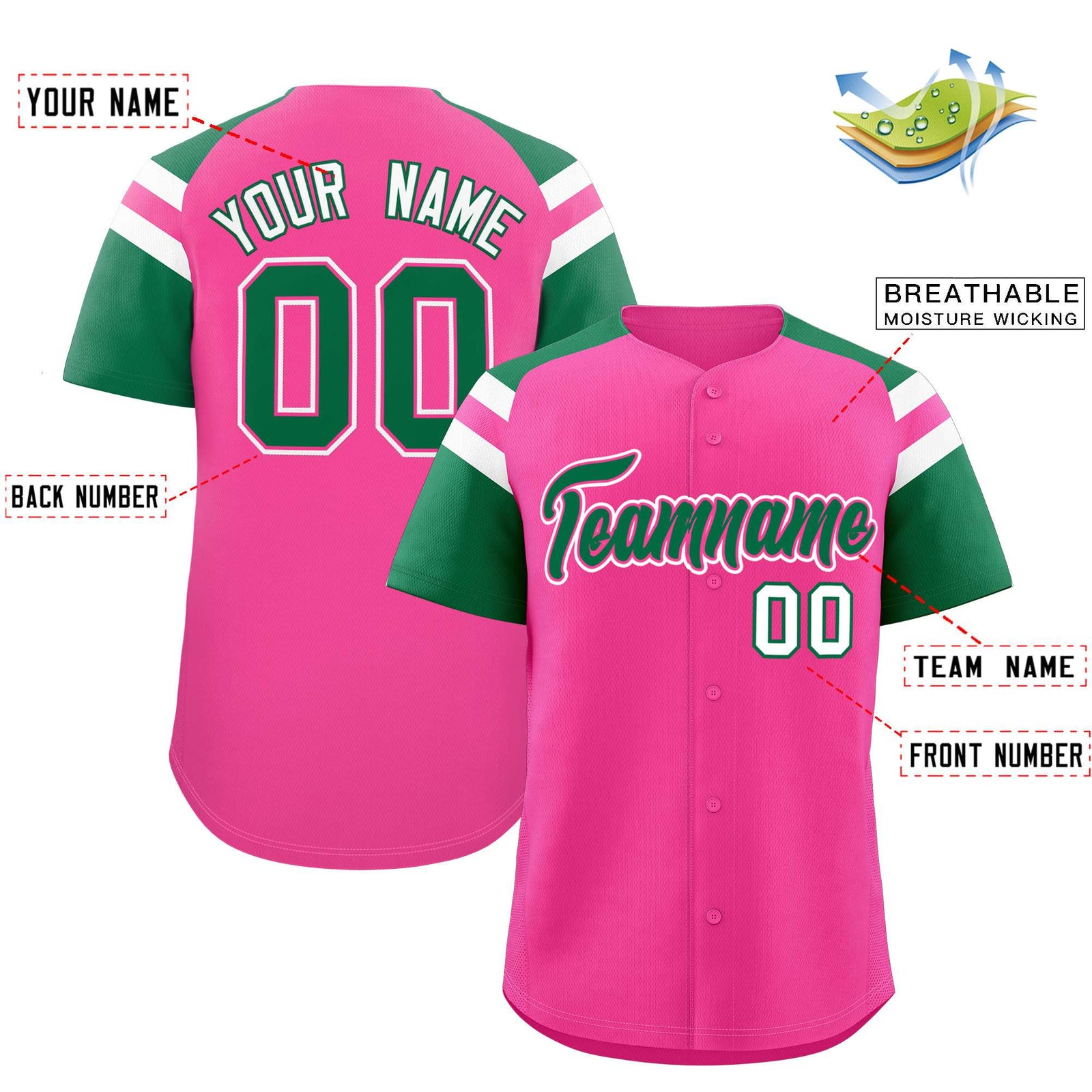 Custom Pink Kelly Green Contrast Raglan Sleeves Authentic Baseball Jersey