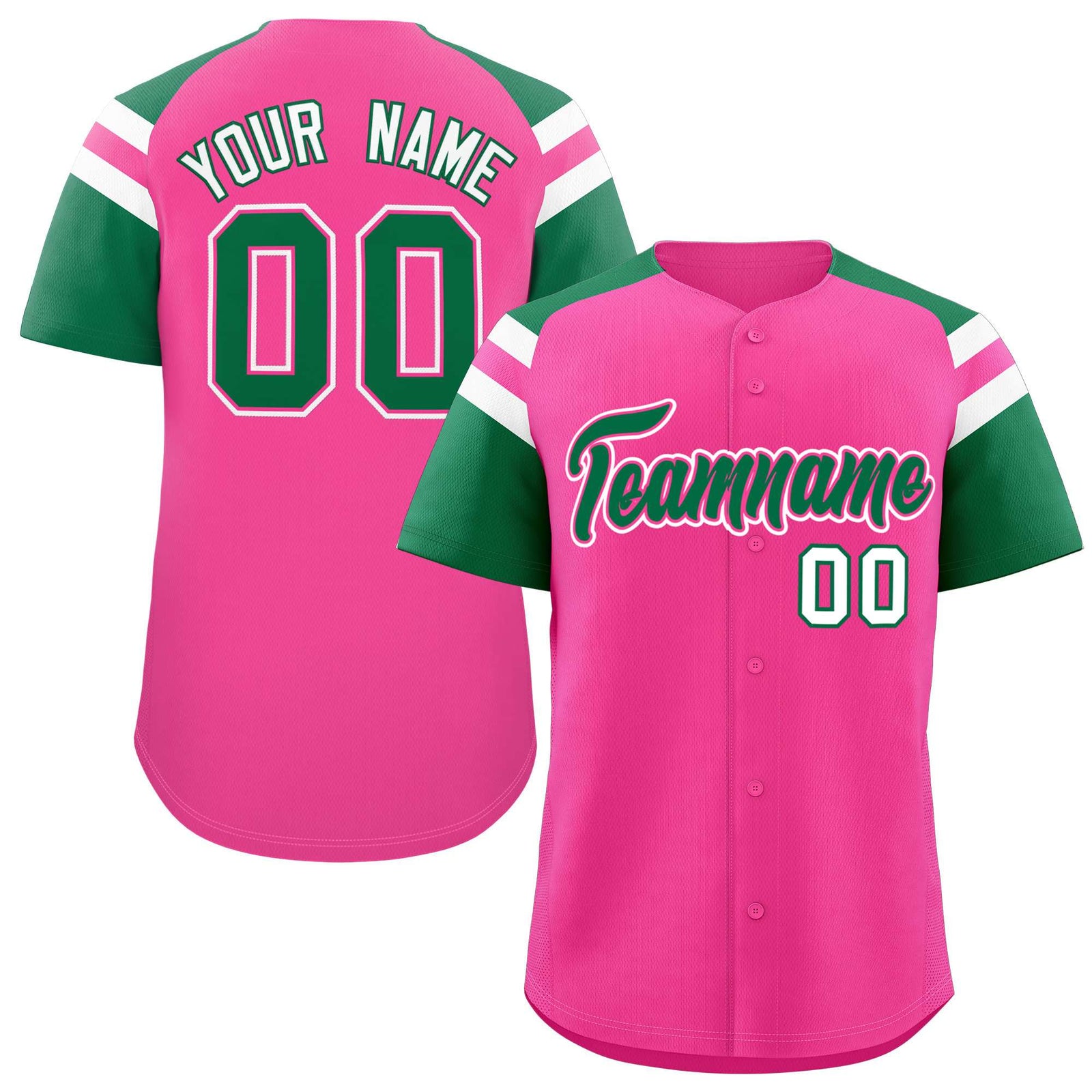 Custom Pink Kelly Green Contrast Raglan Sleeves Authentic Baseball Jersey