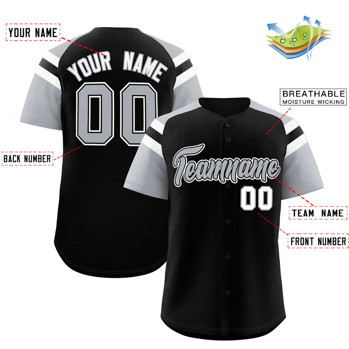 Custom Black Silver Contrast Raglan Sleeves Authentic Baseball Jersey