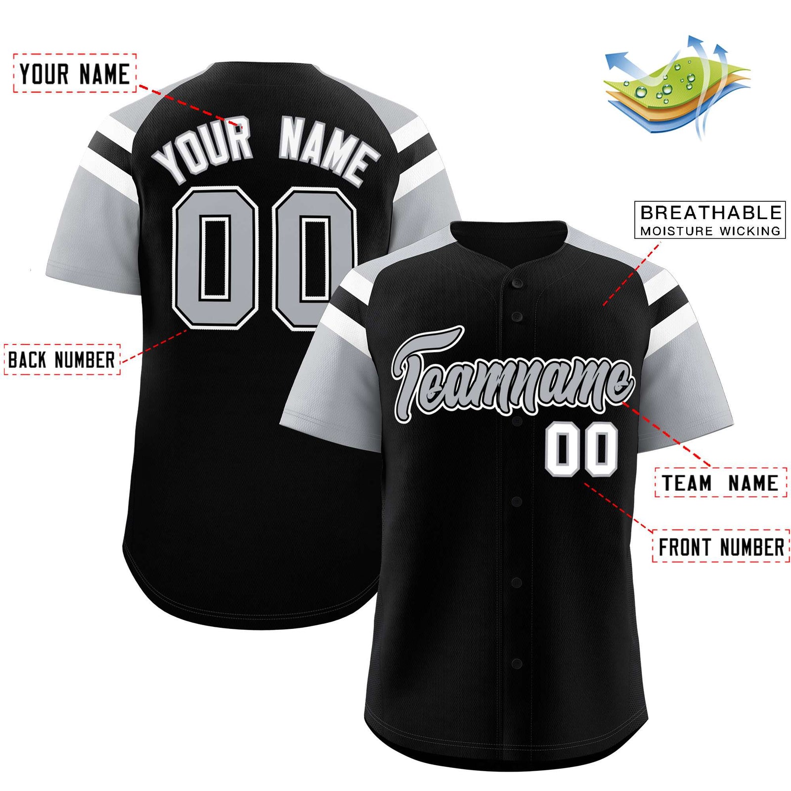 Custom Black Silver Contrast Raglan Sleeves Authentic Baseball Jersey