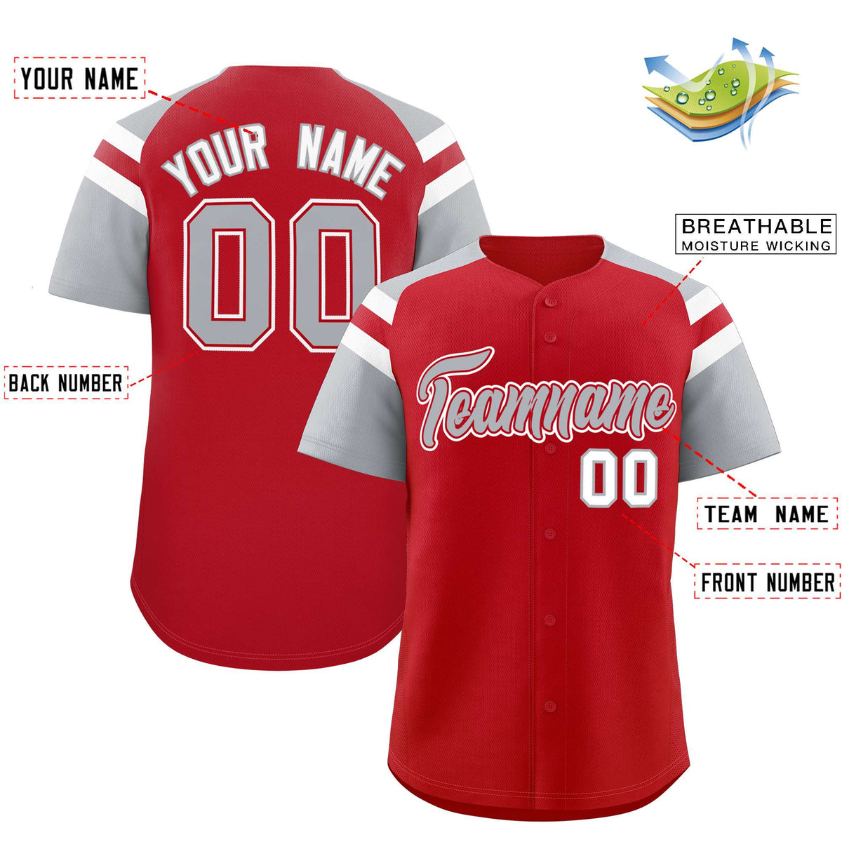 Custom Red Silver Contrast Raglan Sleeves Authentic Baseball Jersey