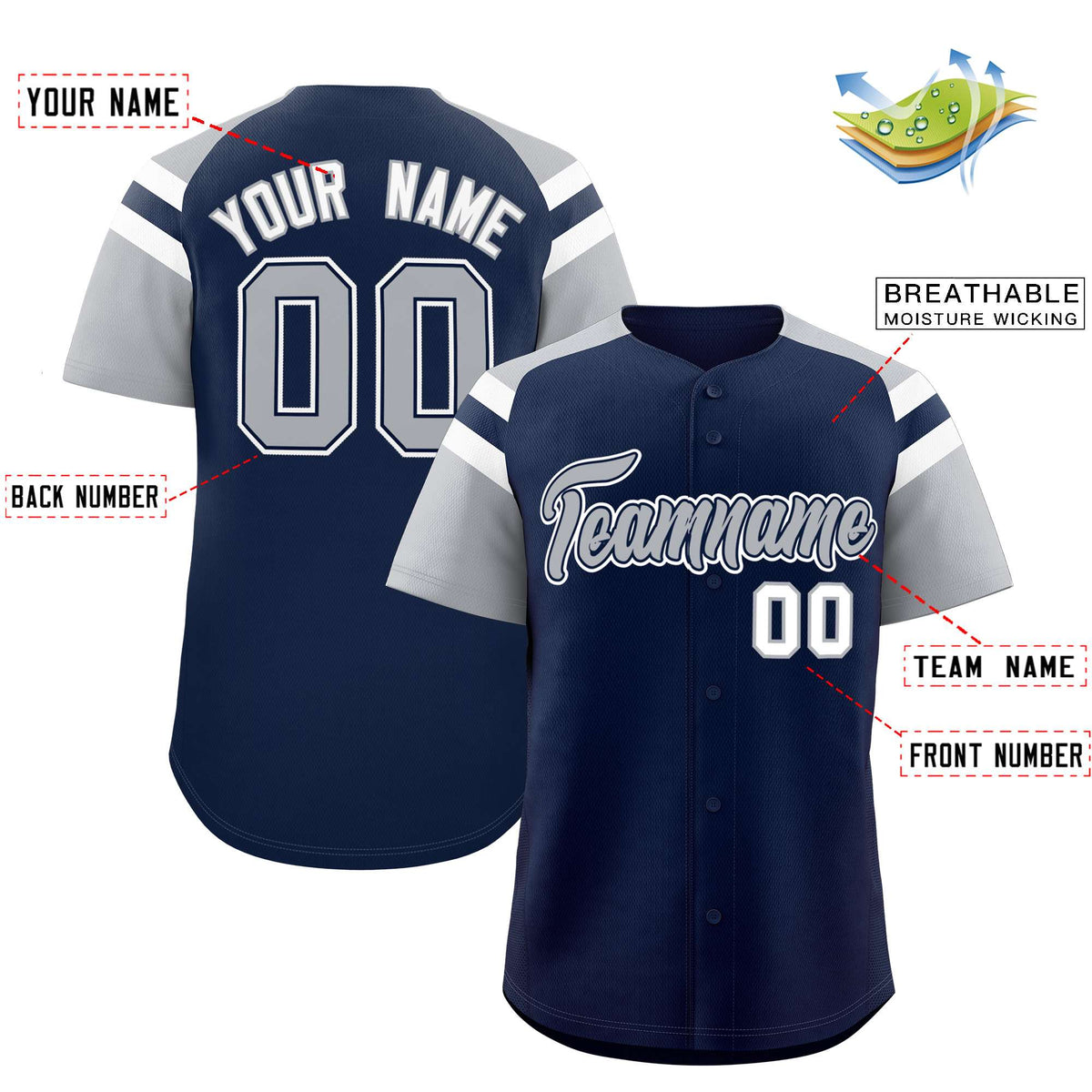Custom Navy Silver Contrast Raglan Sleeves Authentic Baseball Jersey