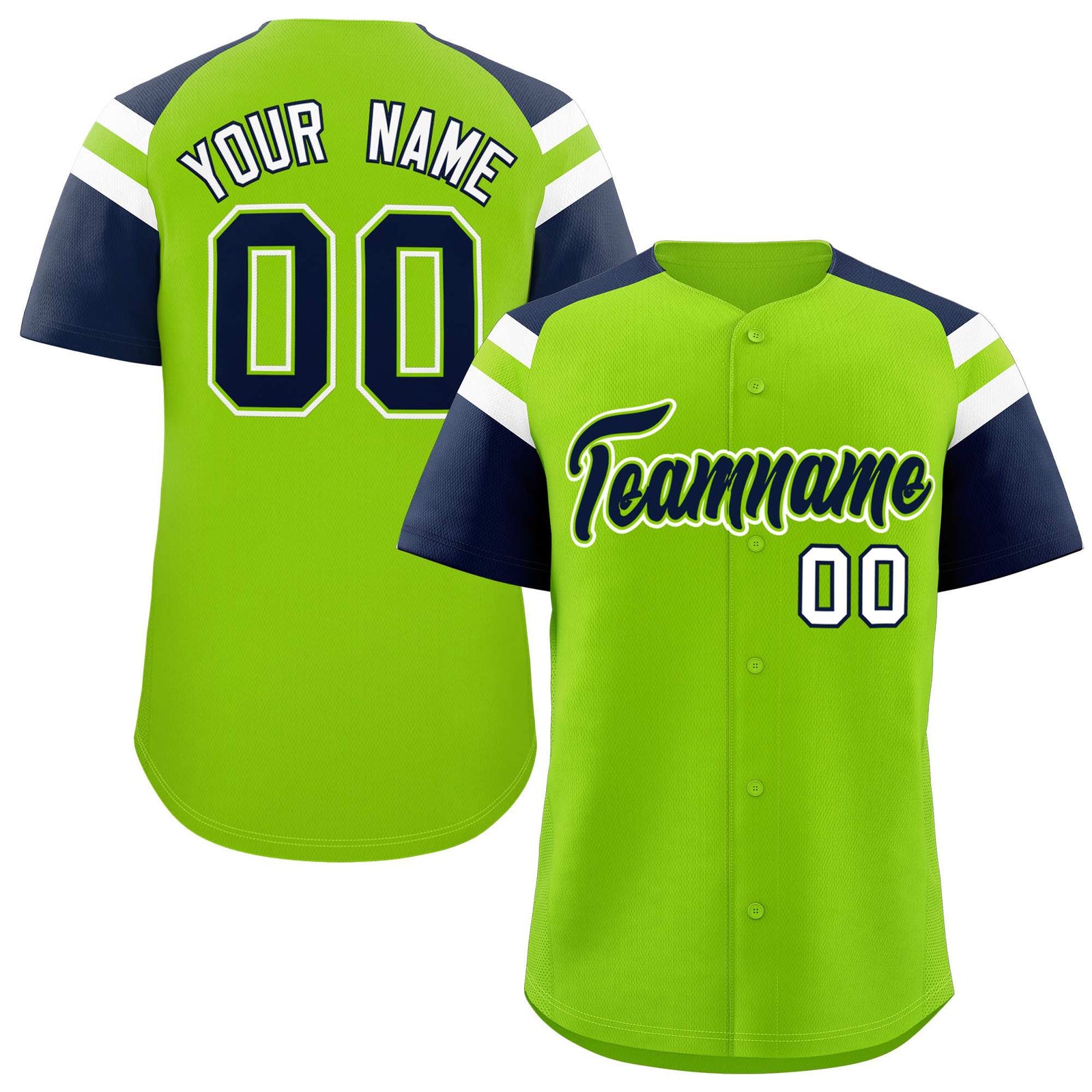 Custom Neon Green Navy Contrast Raglan Sleeves Authentic Baseball Jersey