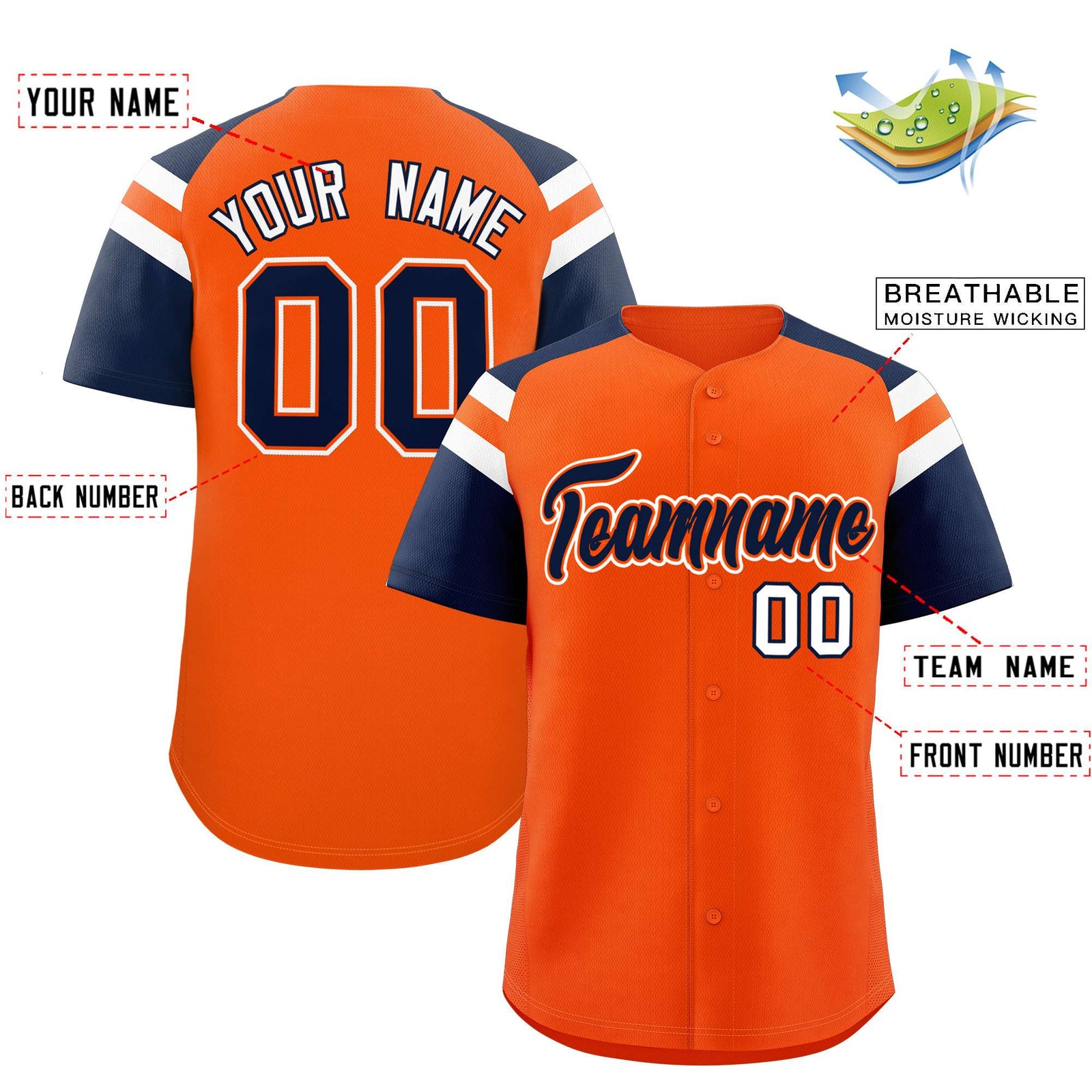 Custom Orange Navy Contrast Raglan Sleeves Authentic Baseball Jersey