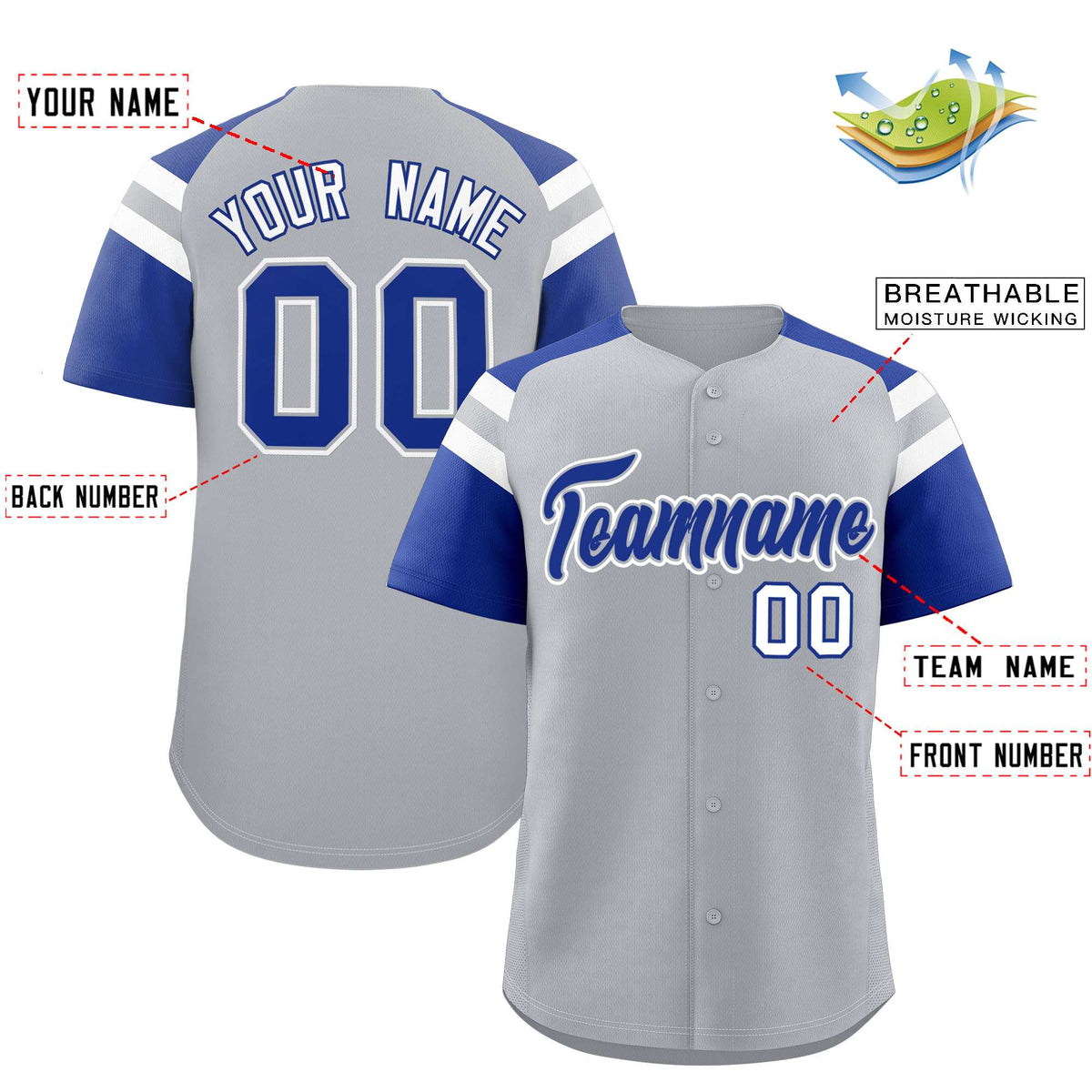 Custom Silver Royal Contrast Raglan Sleeves Authentic Baseball Jersey