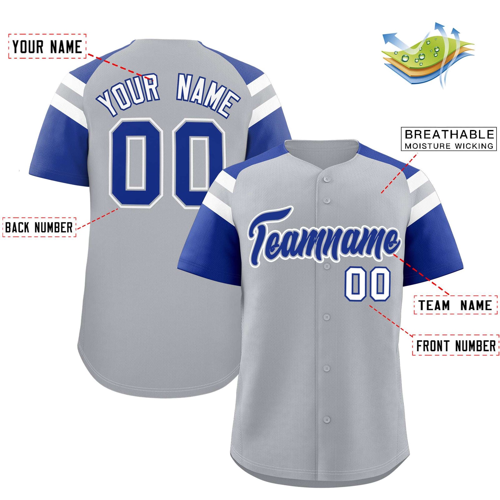 Custom Silver Royal Contrast Raglan Sleeves Authentic Baseball Jersey