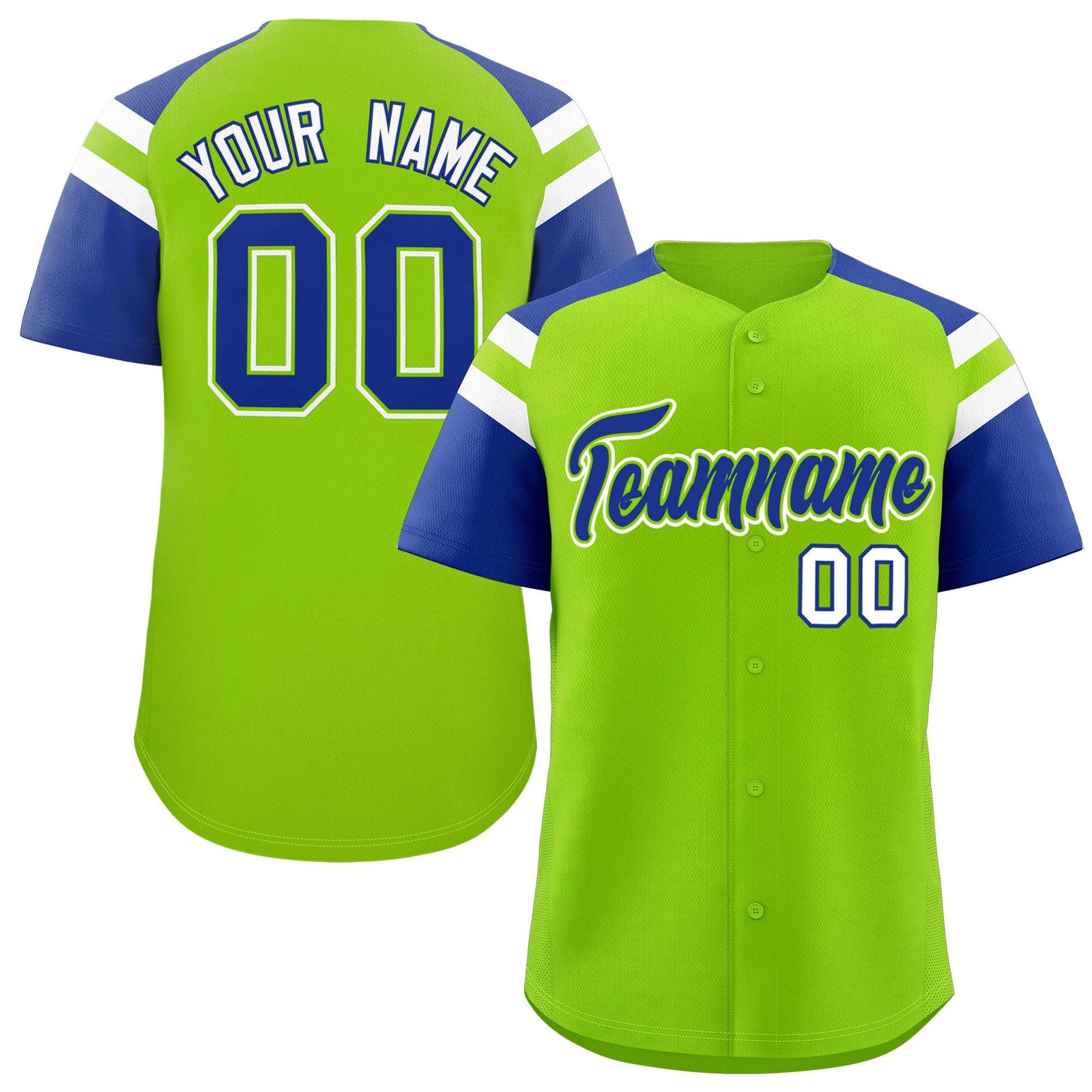 Custom Neon Green Royal Contrast Raglan Sleeves Authentic Baseball Jersey
