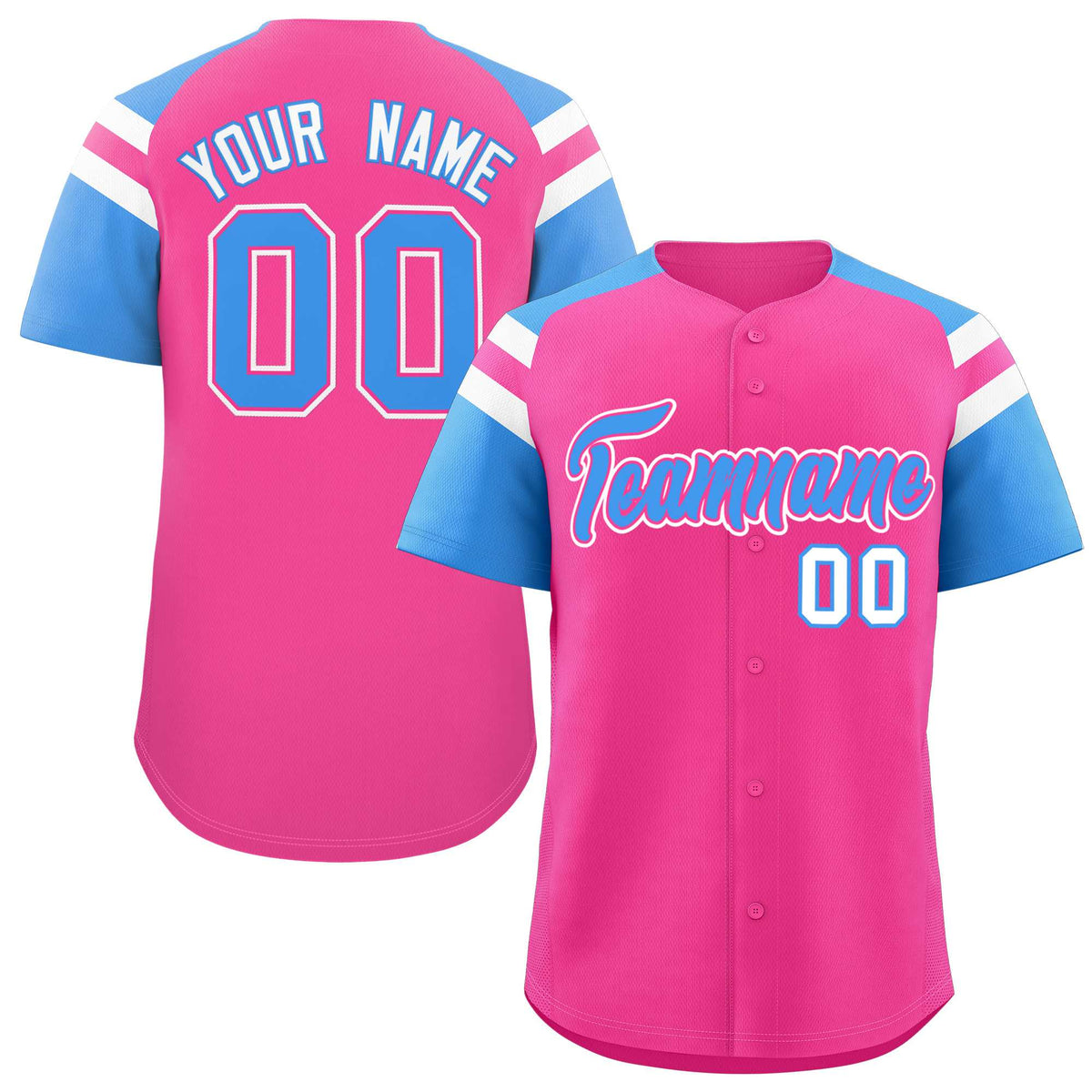 Custom Pink Powder Blue Contrast Raglan Sleeves Authentic Baseball Jersey