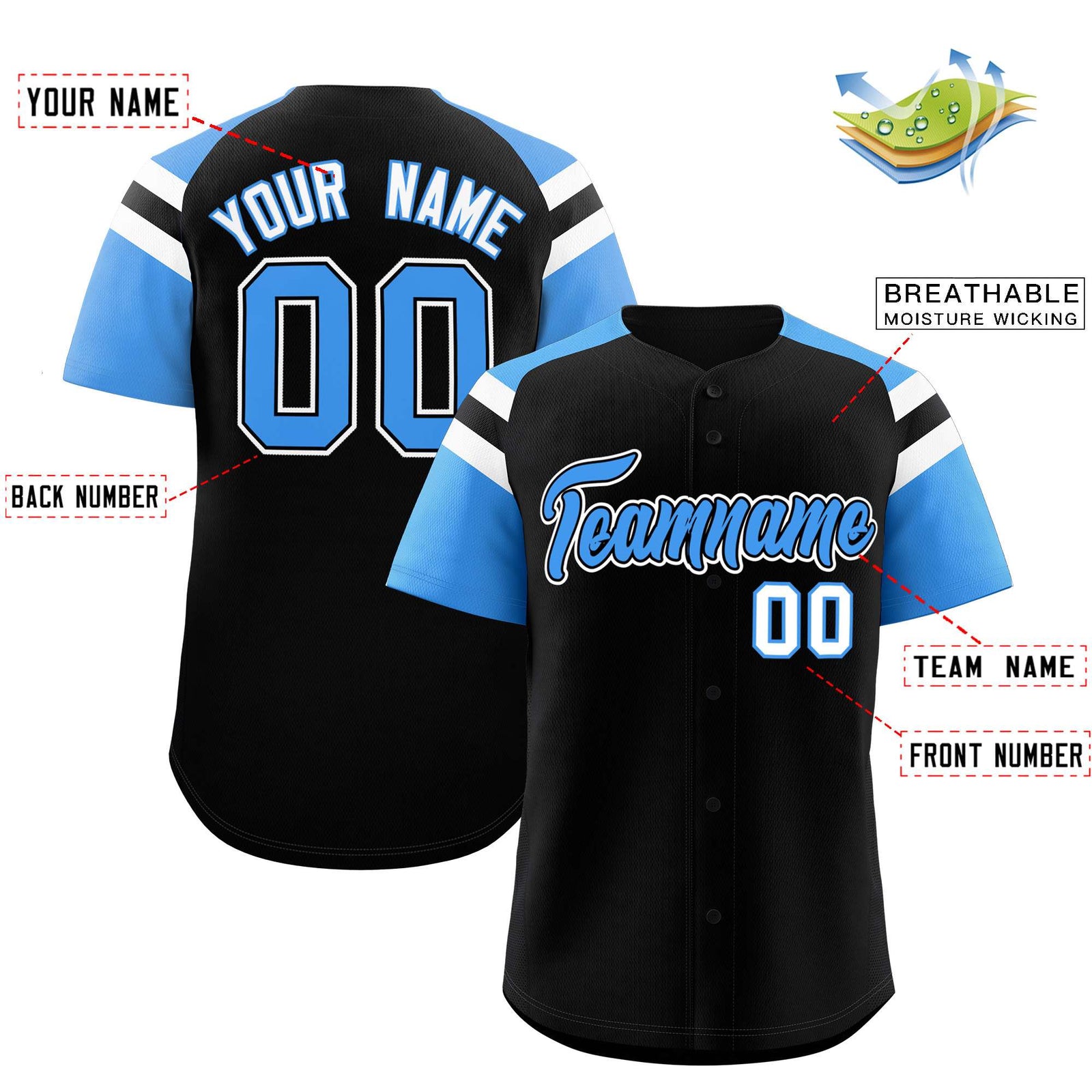 Custom Black Powder Blue Contrast Raglan Sleeves Authentic Baseball Jersey