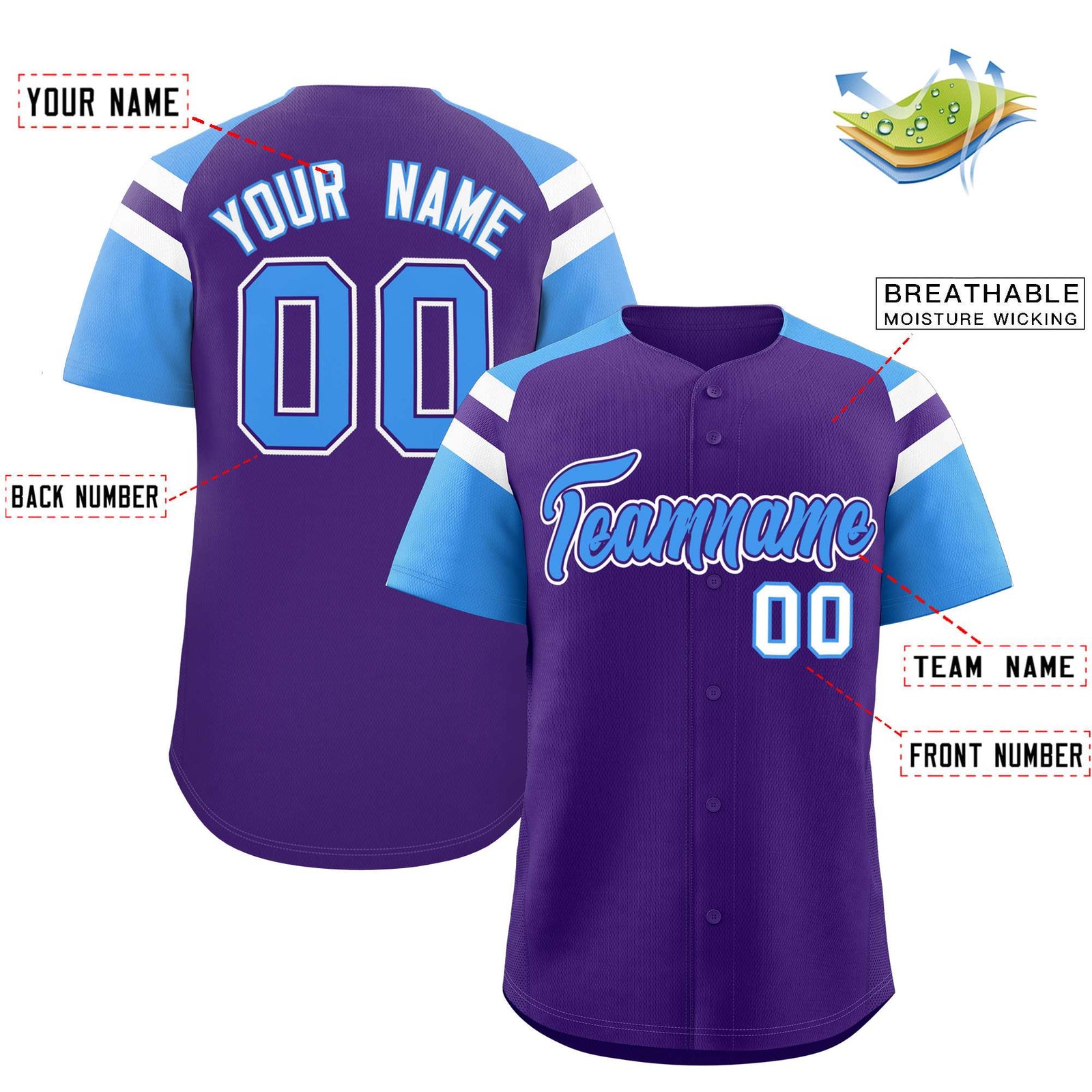 Custom Purple Powder Blue Contrast Raglan Sleeves Authentic Baseball Jersey