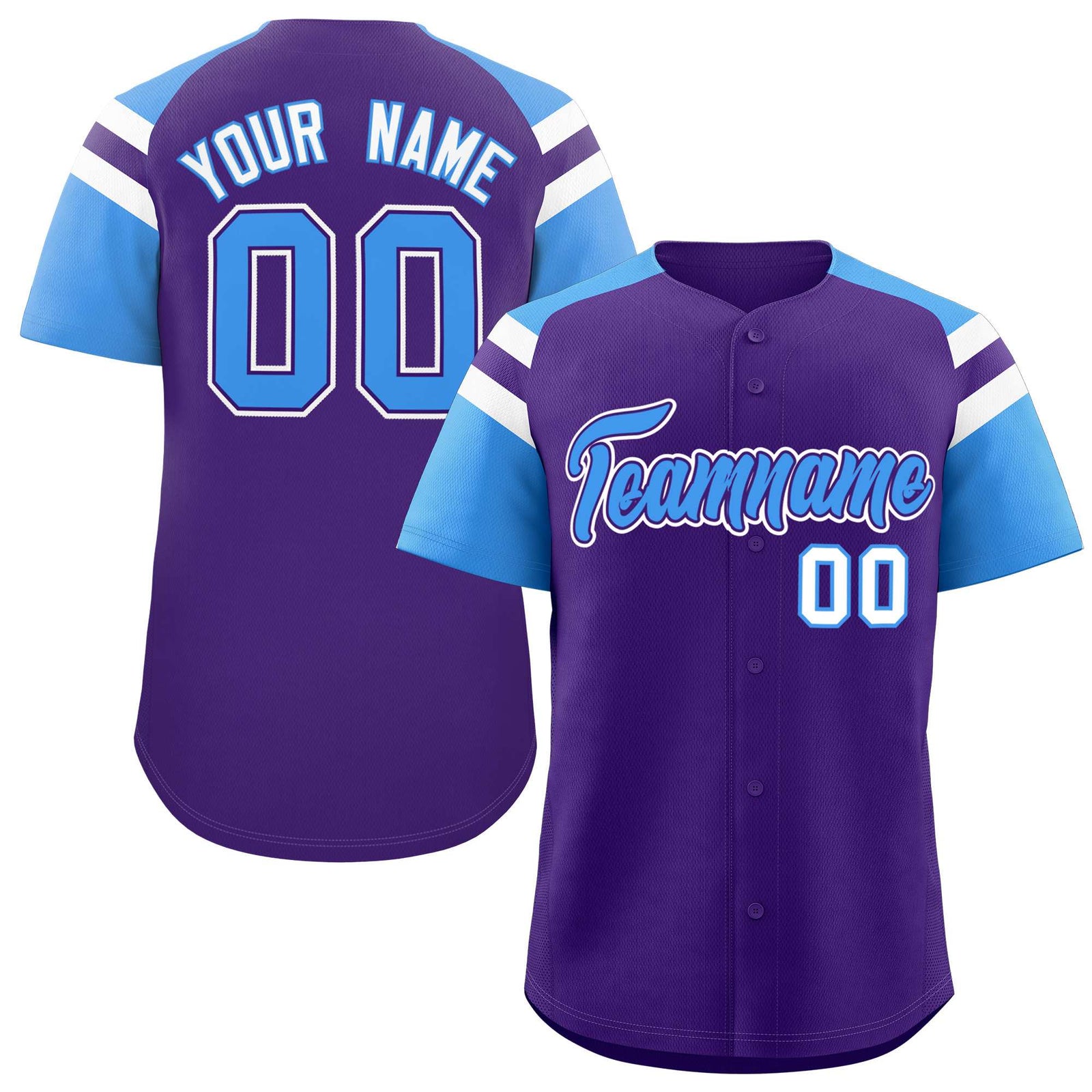 Custom Purple Powder Blue Contrast Raglan Sleeves Authentic Baseball Jersey