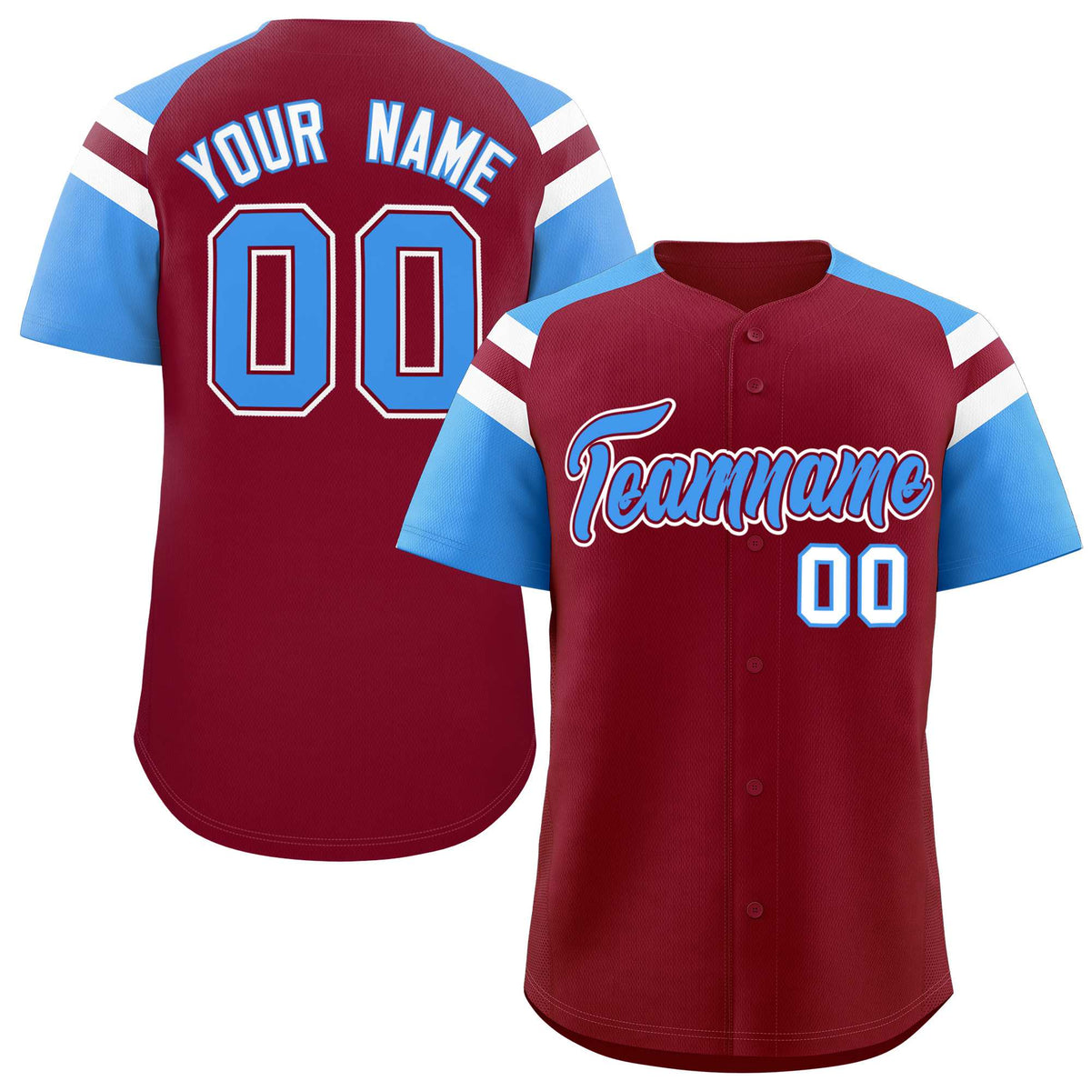 Custom Crimson Powder Blue Contrast Raglan Sleeves Authentic Baseball Jersey