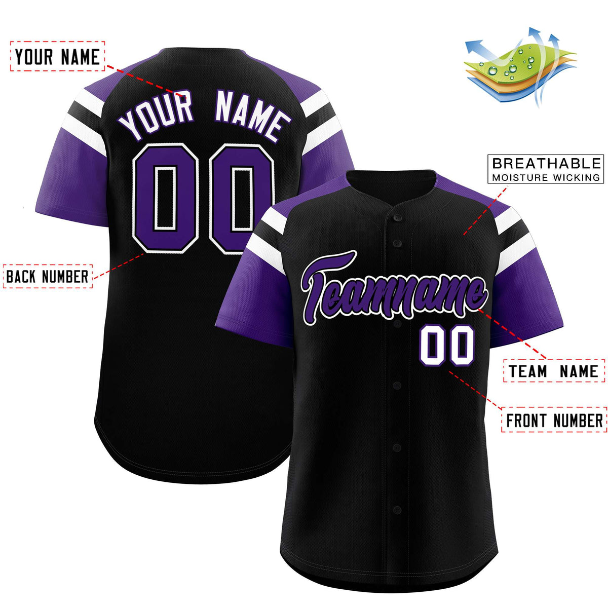 Custom Black Purple Contrast Raglan Sleeves Authentic Baseball Jersey