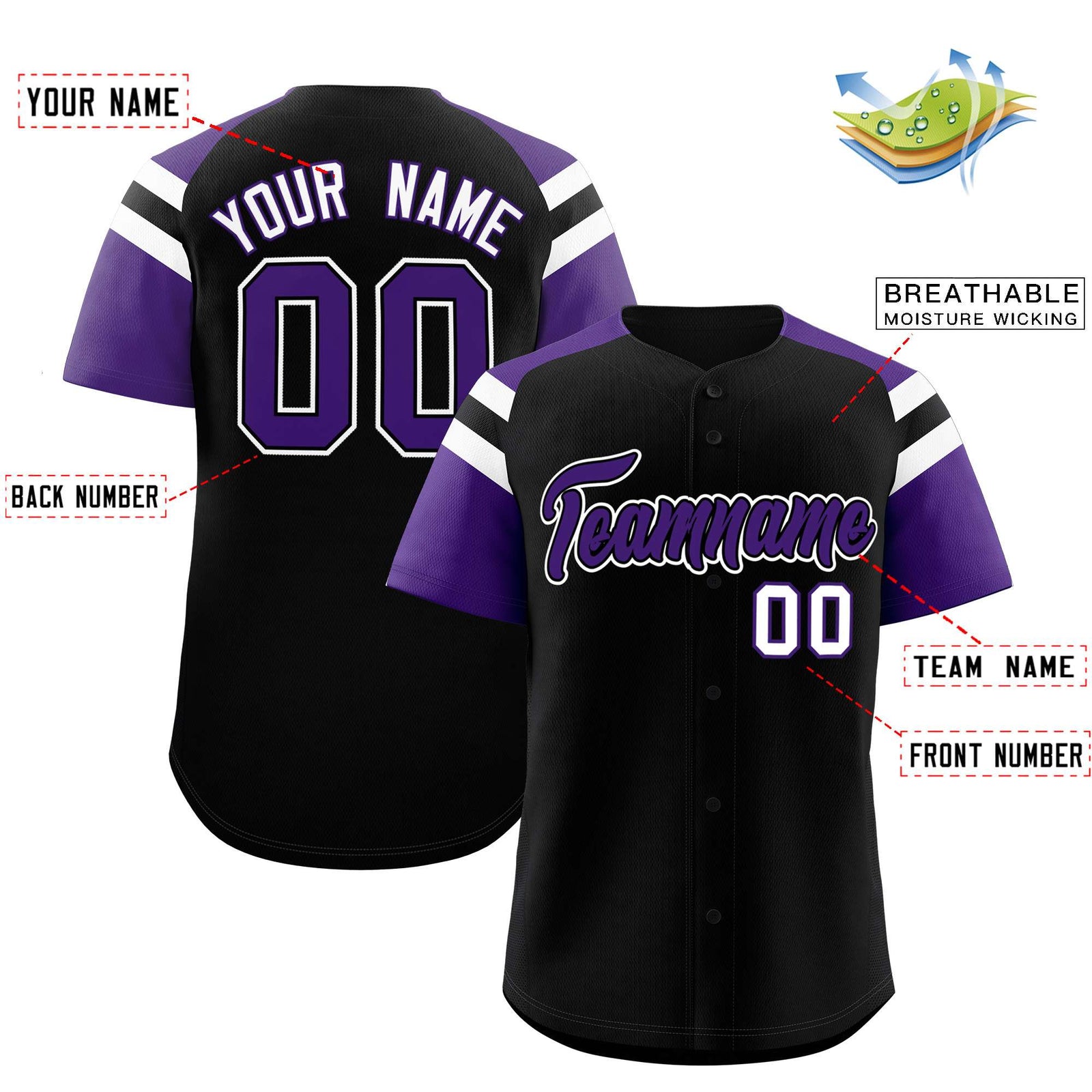Custom Black Purple Contrast Raglan Sleeves Authentic Baseball Jersey