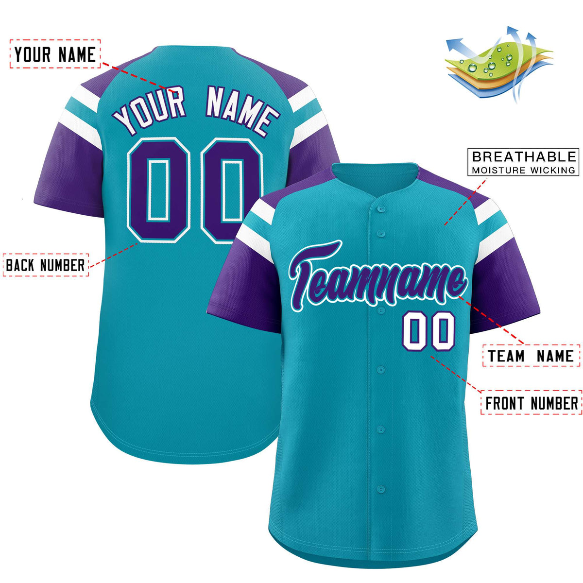 Custom Aqua Purple Contrast Raglan Sleeves Authentic Baseball Jersey