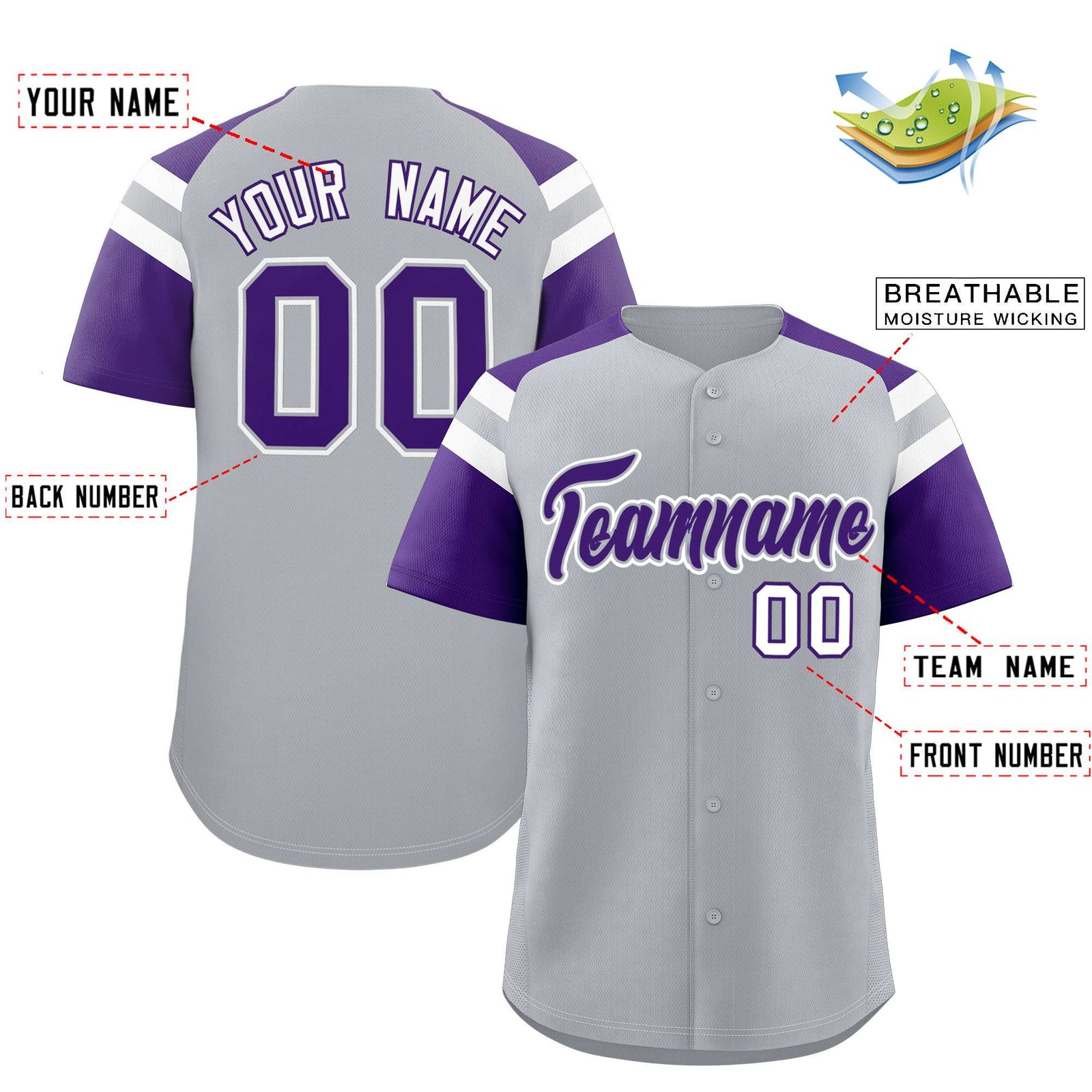 Custom Silver Purple Contrast Raglan Sleeves Authentic Baseball Jersey