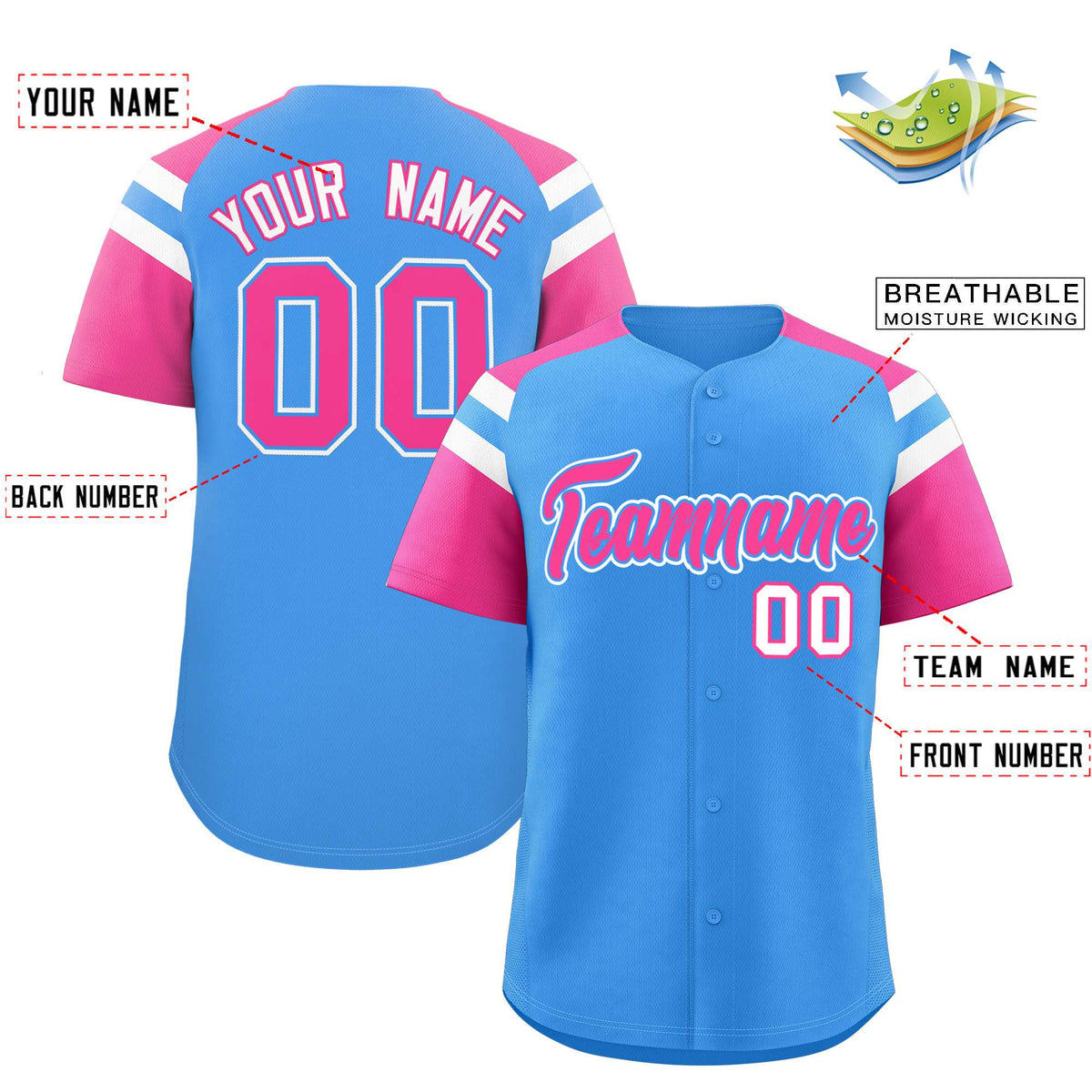 Custom Powder Blue Pink Contrast Raglan Sleeves Authentic Baseball Jersey