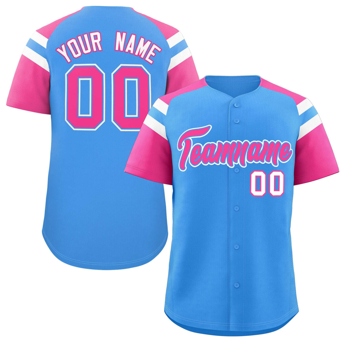 Custom Powder Blue Pink Contrast Raglan Sleeves Authentic Baseball Jersey