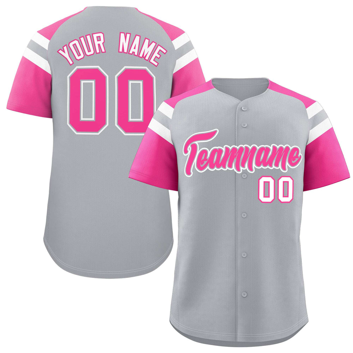 Custom Silver Pink Contrast Raglan Sleeves Authentic Baseball Jersey