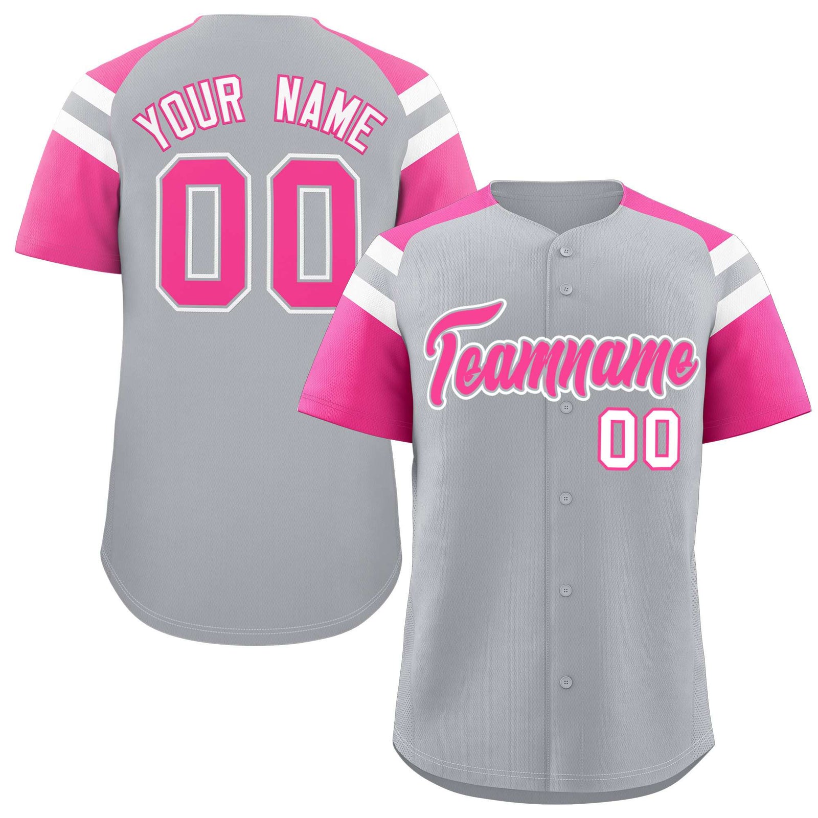 Custom Silver Pink Contrast Raglan Sleeves Authentic Baseball Jersey
