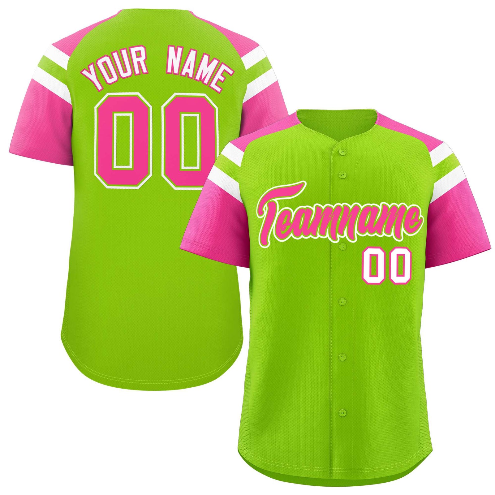 Custom Neon Green Pink Contrast Raglan Sleeves Authentic Baseball Jersey