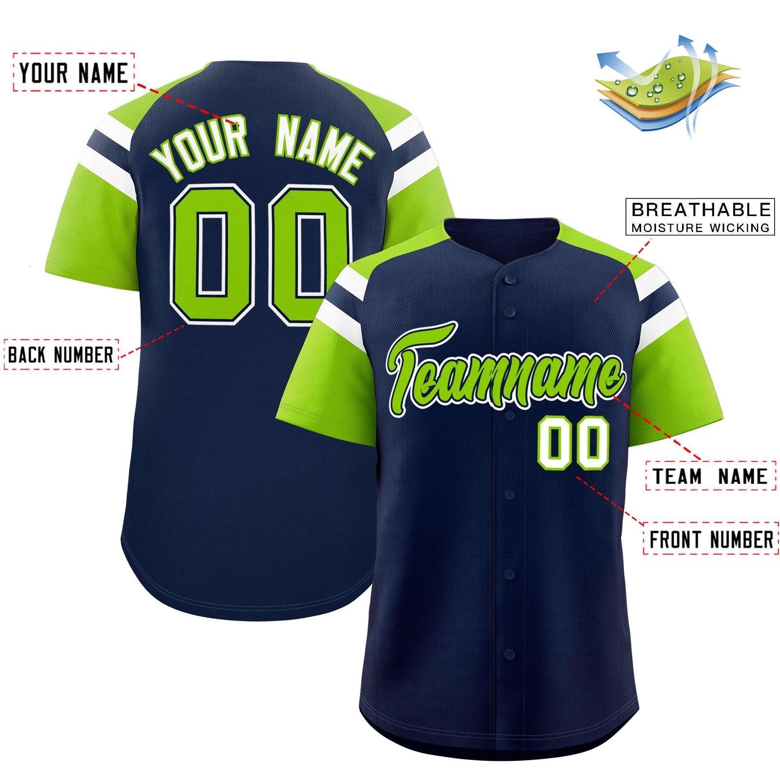 Custom Navy Neon Green Contrast Raglan Sleeves Authentic Baseball Jersey