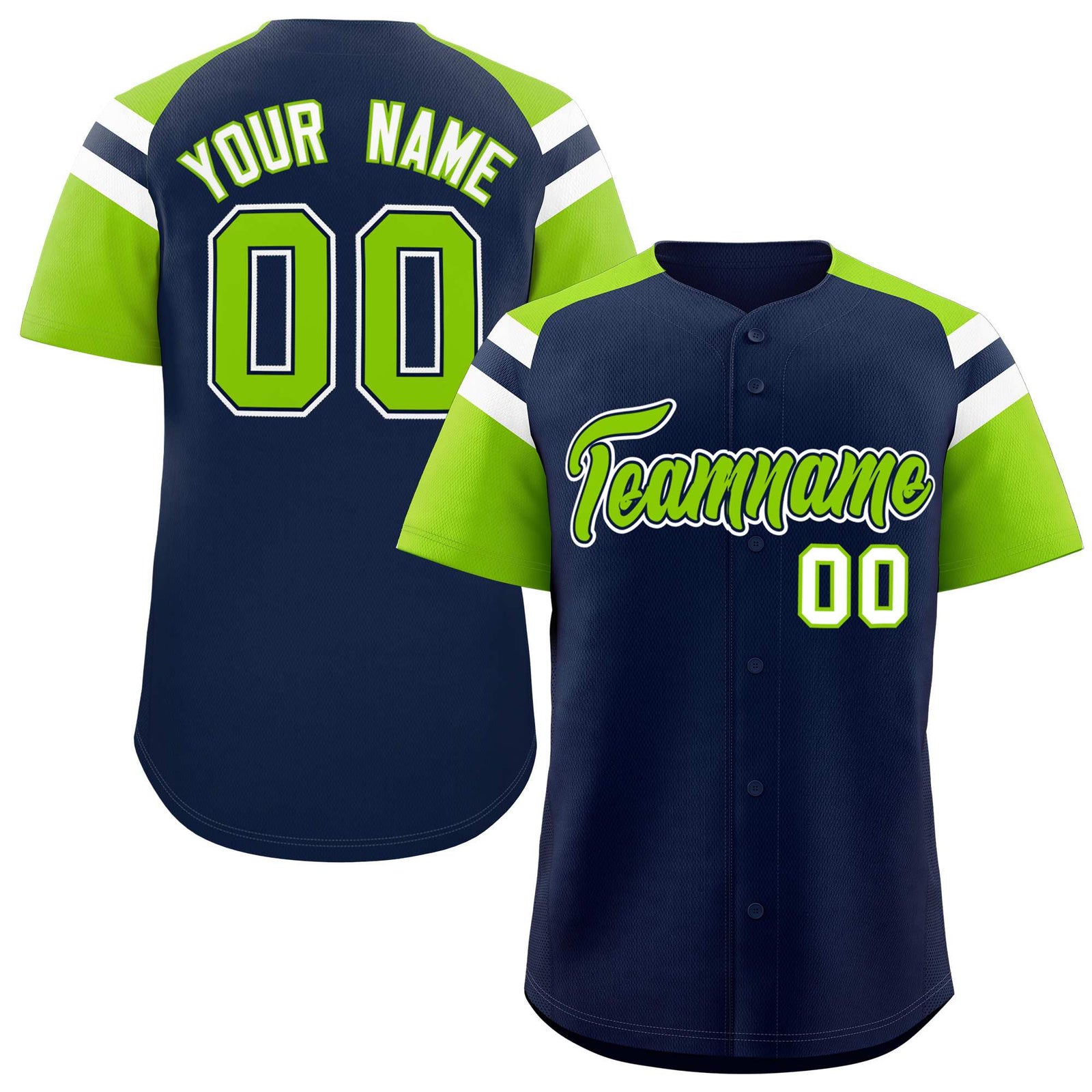 Custom Navy Neon Green Contrast Raglan Sleeves Authentic Baseball Jersey
