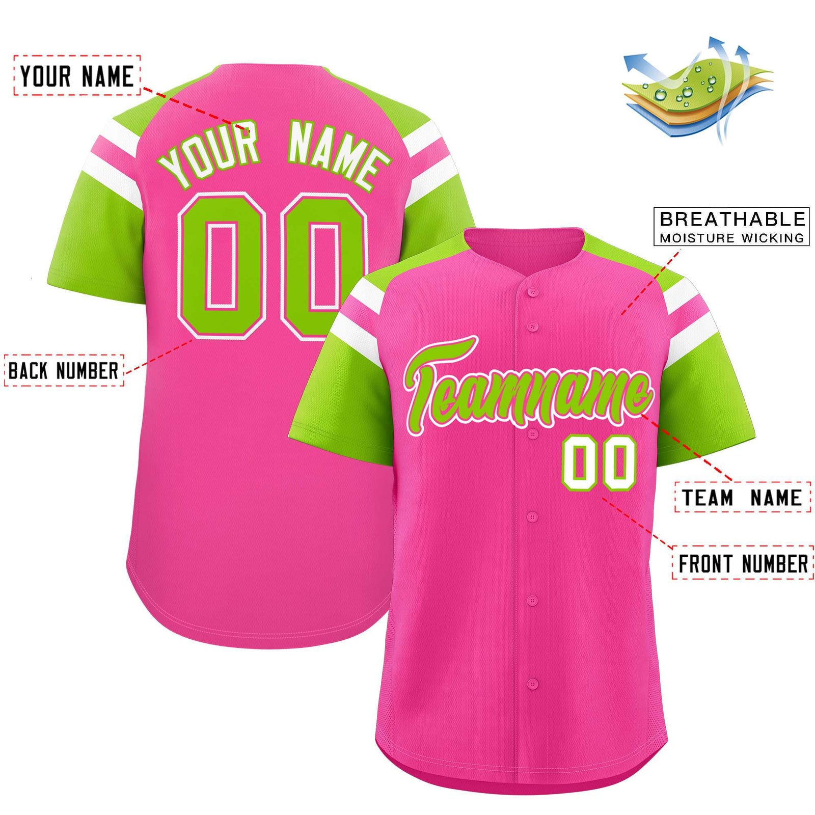 Custom Pink Neon Green Contrast Raglan Sleeves Authentic Baseball Jersey