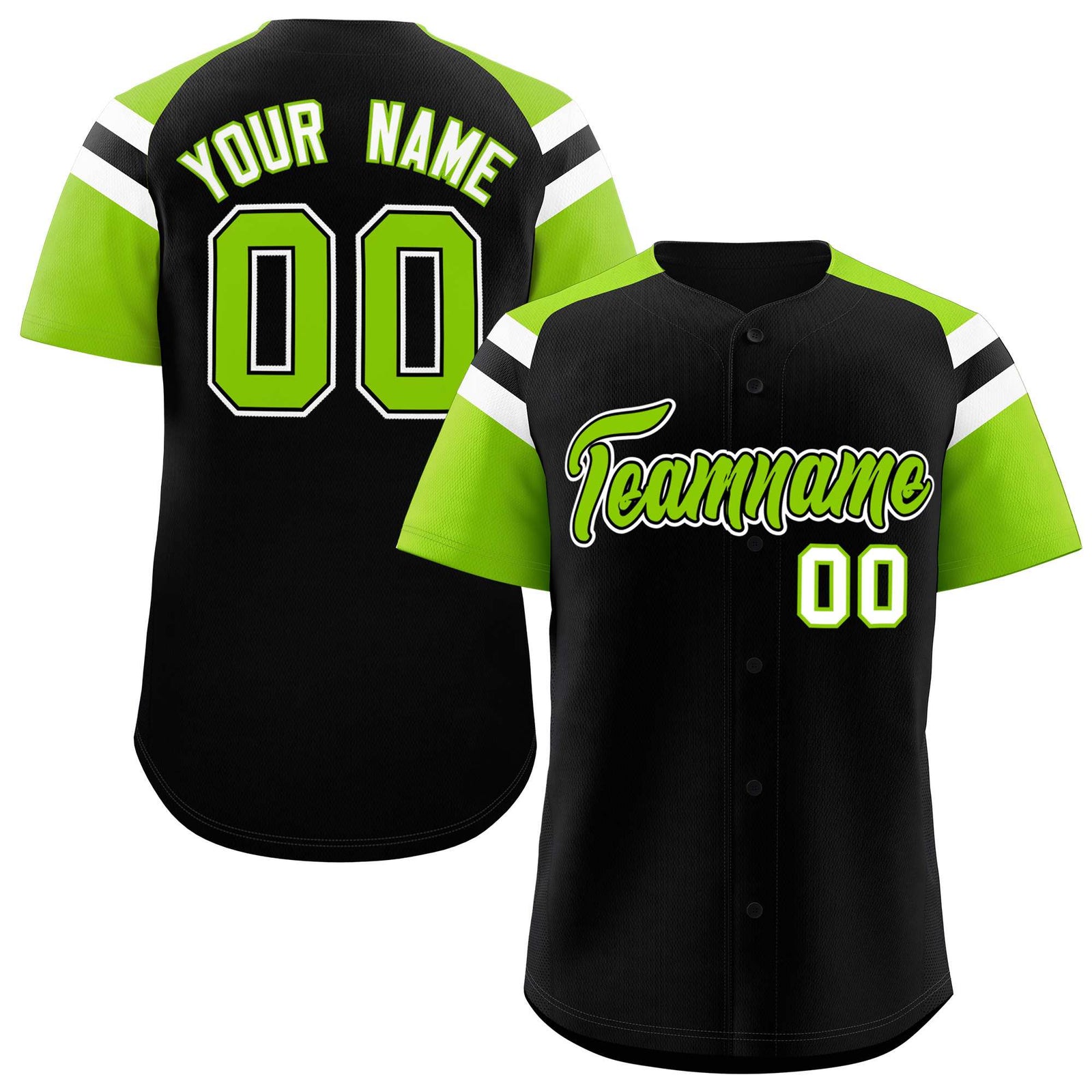 Custom Black Neon Green Contrast Raglan Sleeves Authentic Baseball Jersey