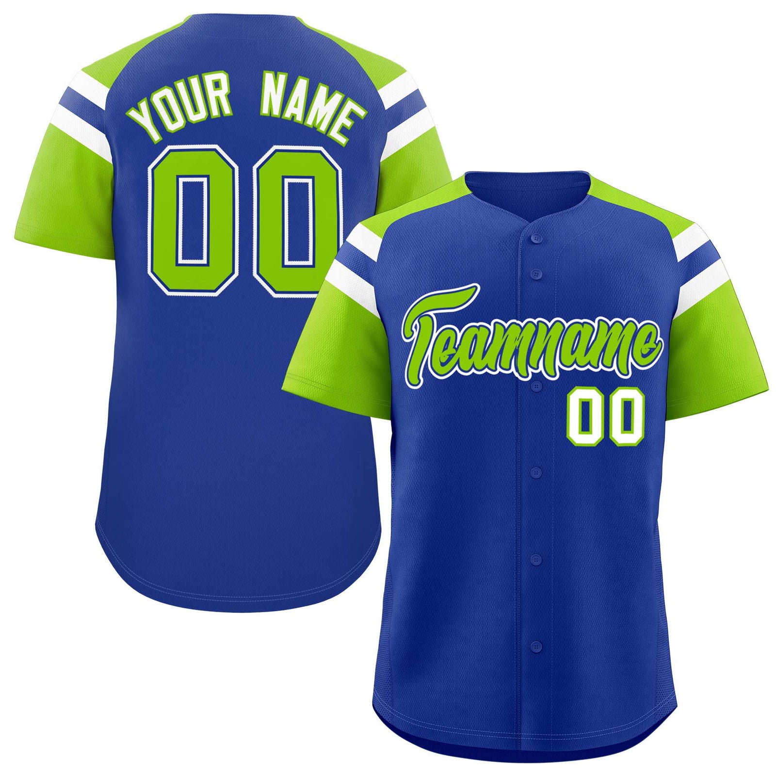 Custom Royal Neon Green Contrast Raglan Sleeves Authentic Baseball Jersey