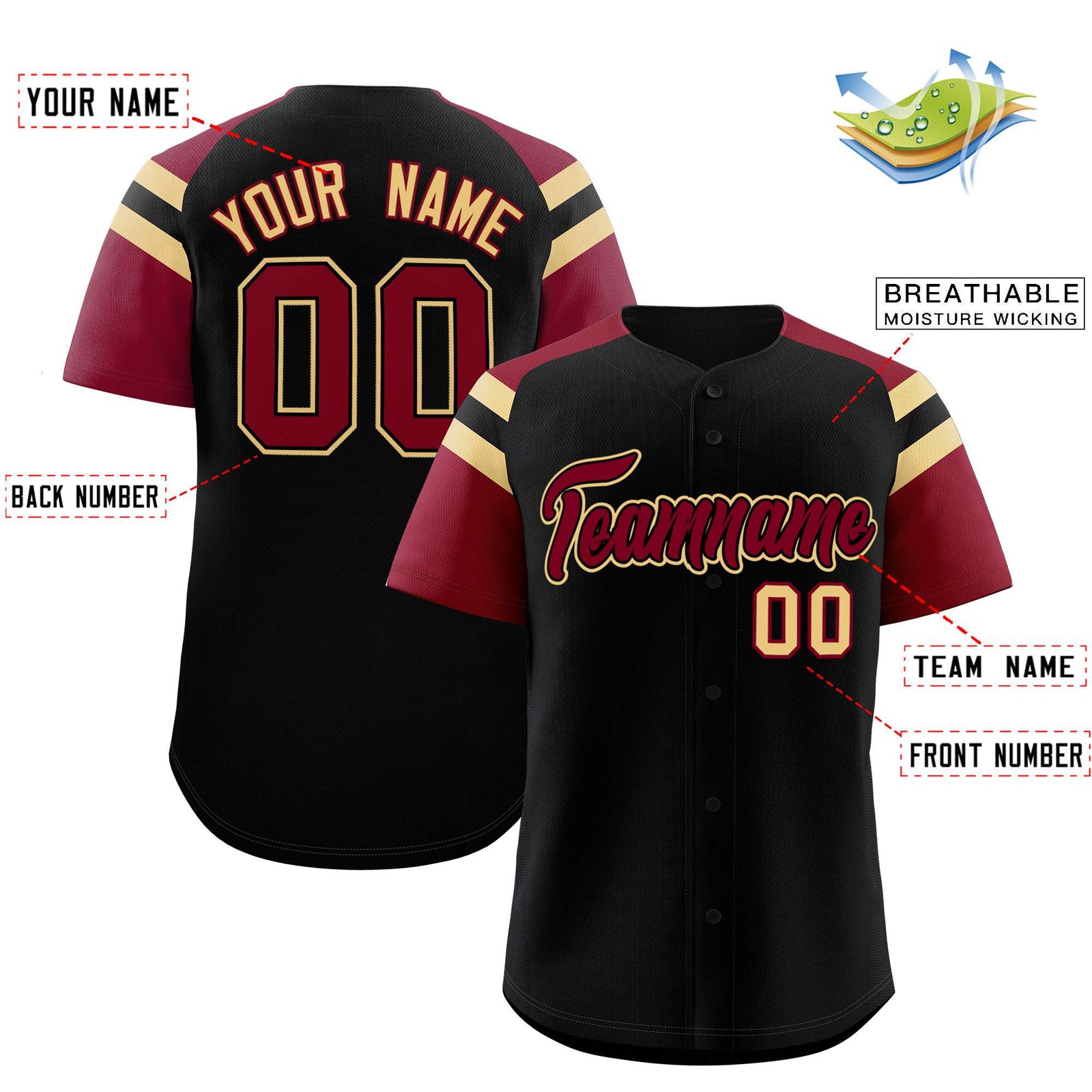 Custom Black Crimson Contrast Raglan Sleeves Authentic Baseball Jersey