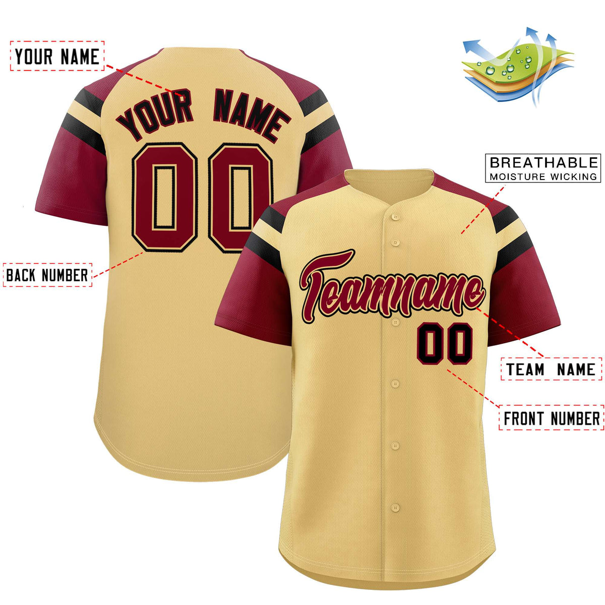 Custom Khaki Crimson Contrast Raglan Sleeves Authentic Baseball Jersey