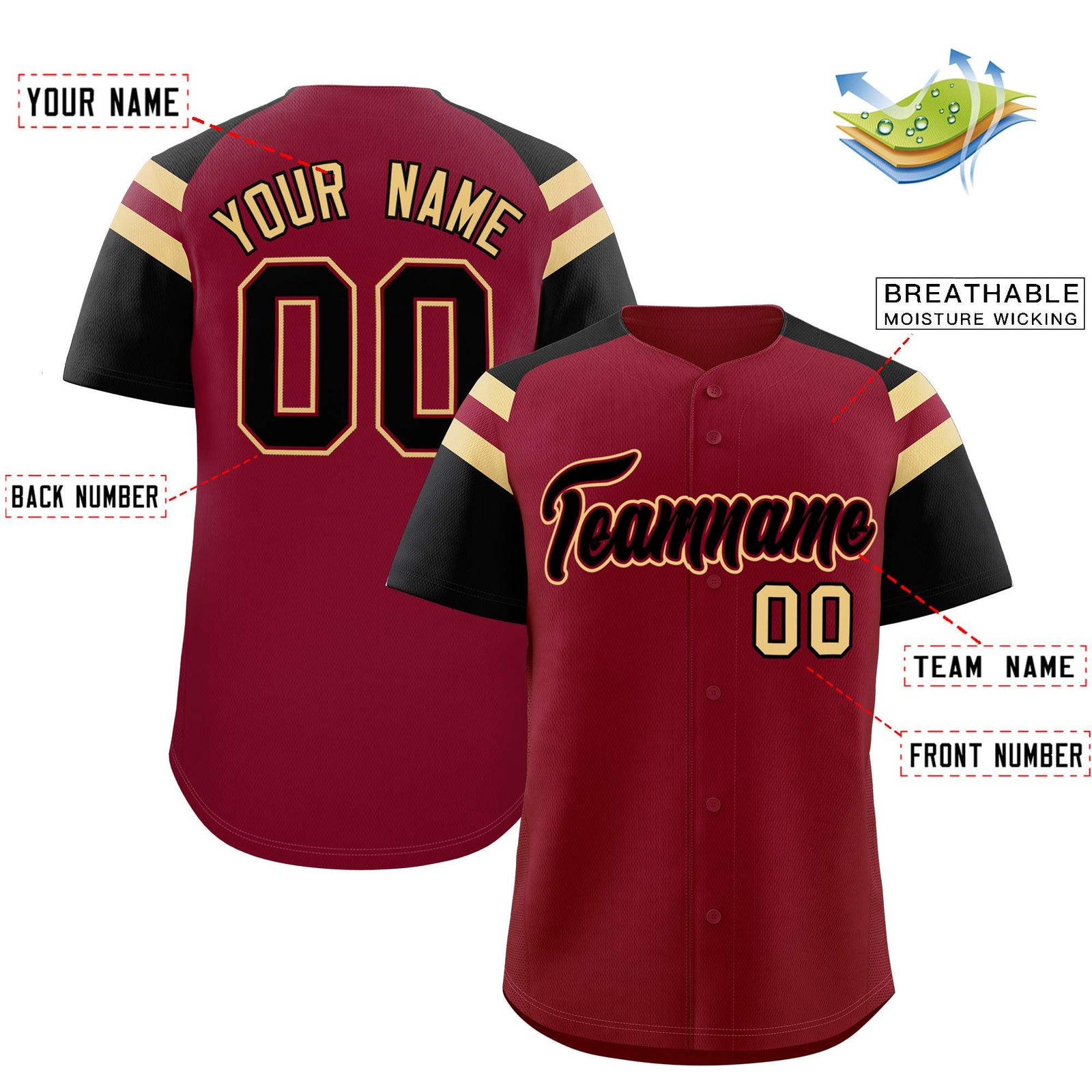 Custom Crimson Black Contrast Raglan Sleeves Authentic Baseball Jersey