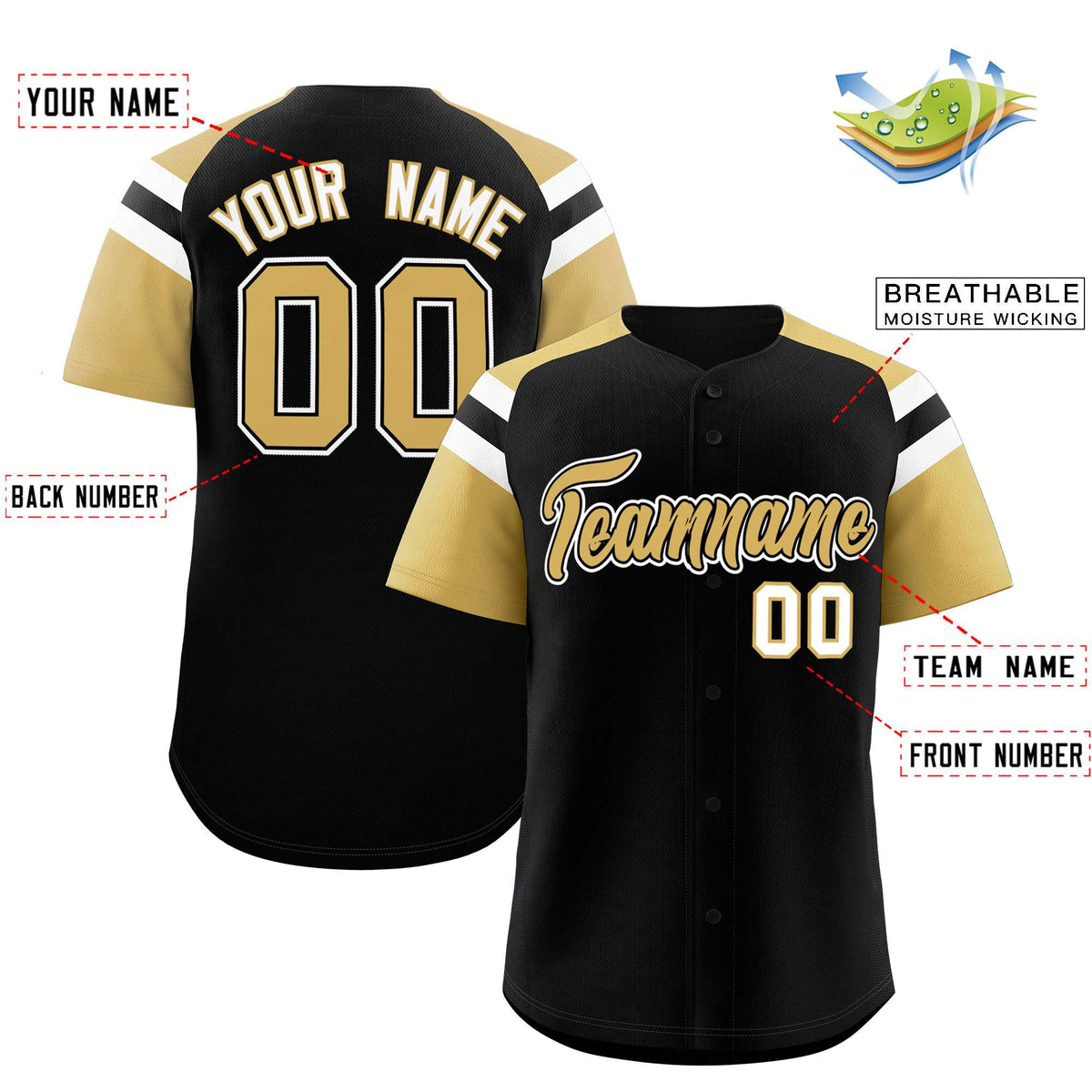 Custom Black Old Gold Contrast Raglan Sleeves Authentic Baseball Jersey
