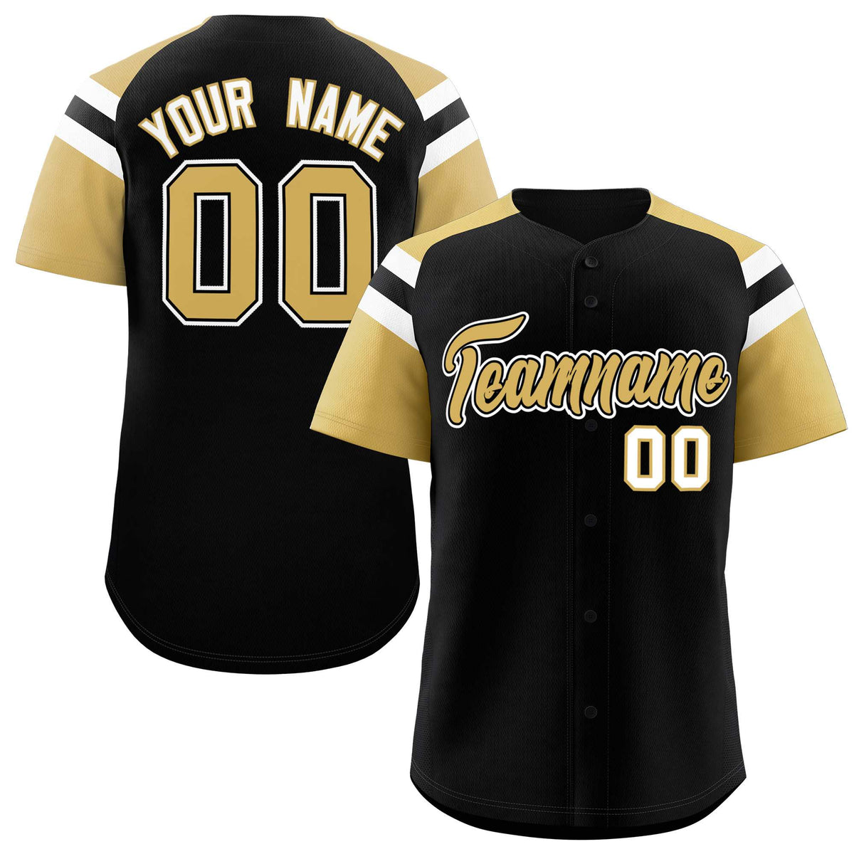 Custom Black Old Gold Contrast Raglan Sleeves Authentic Baseball Jersey